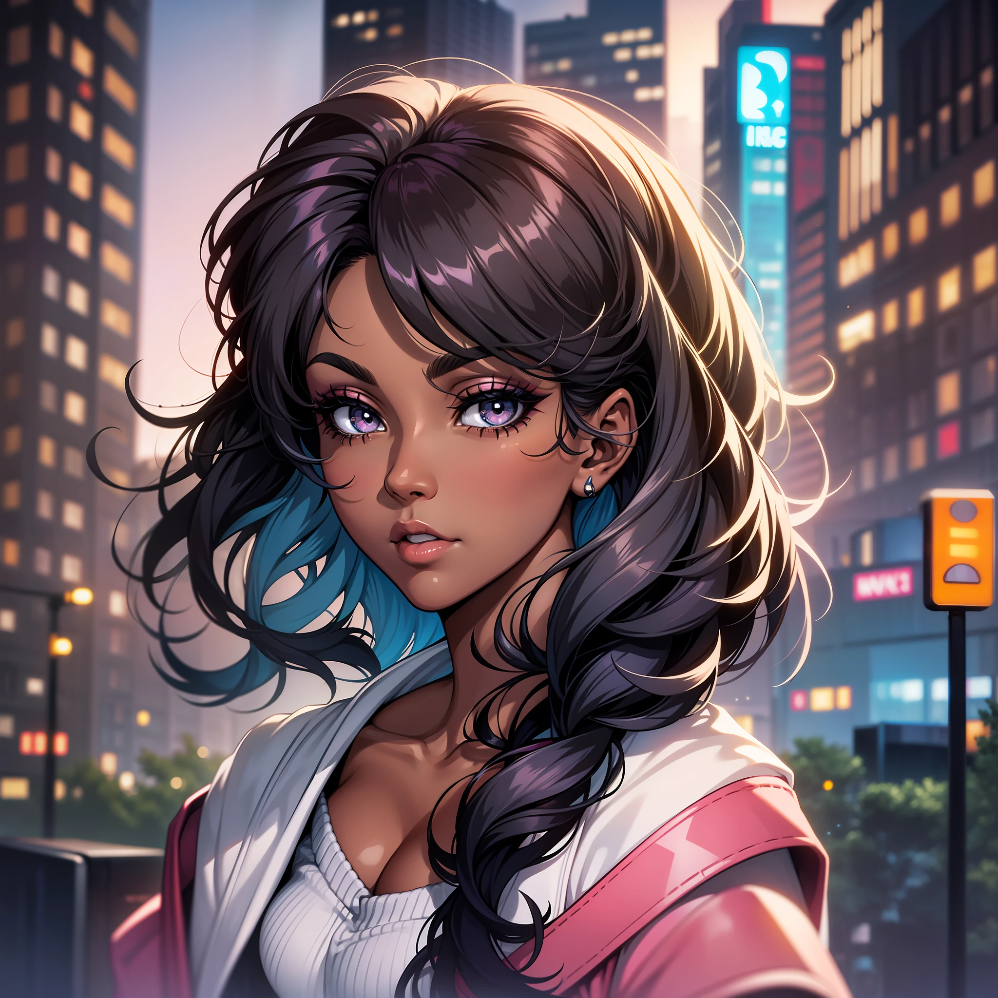 (a young woman:1.2)| (a girl:1.1), dark skin, portrait, makeup, super detailed, 80's style, city, straight look, contoured.