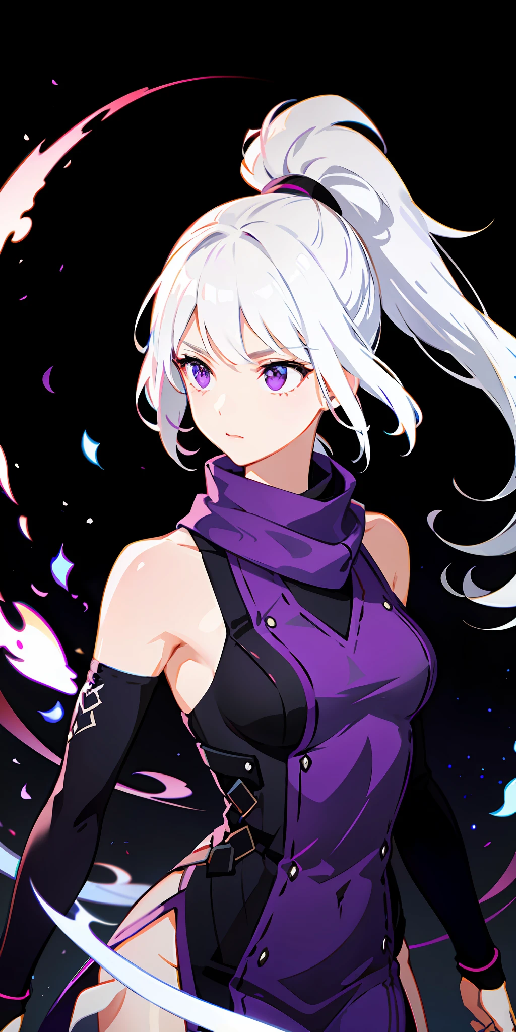 upper body, 1girl, white hair, ponytail, purple eyes, (ninja), short sword, medium breats ,scarf, wallpaper, magic circle background, light particles, blue fire,