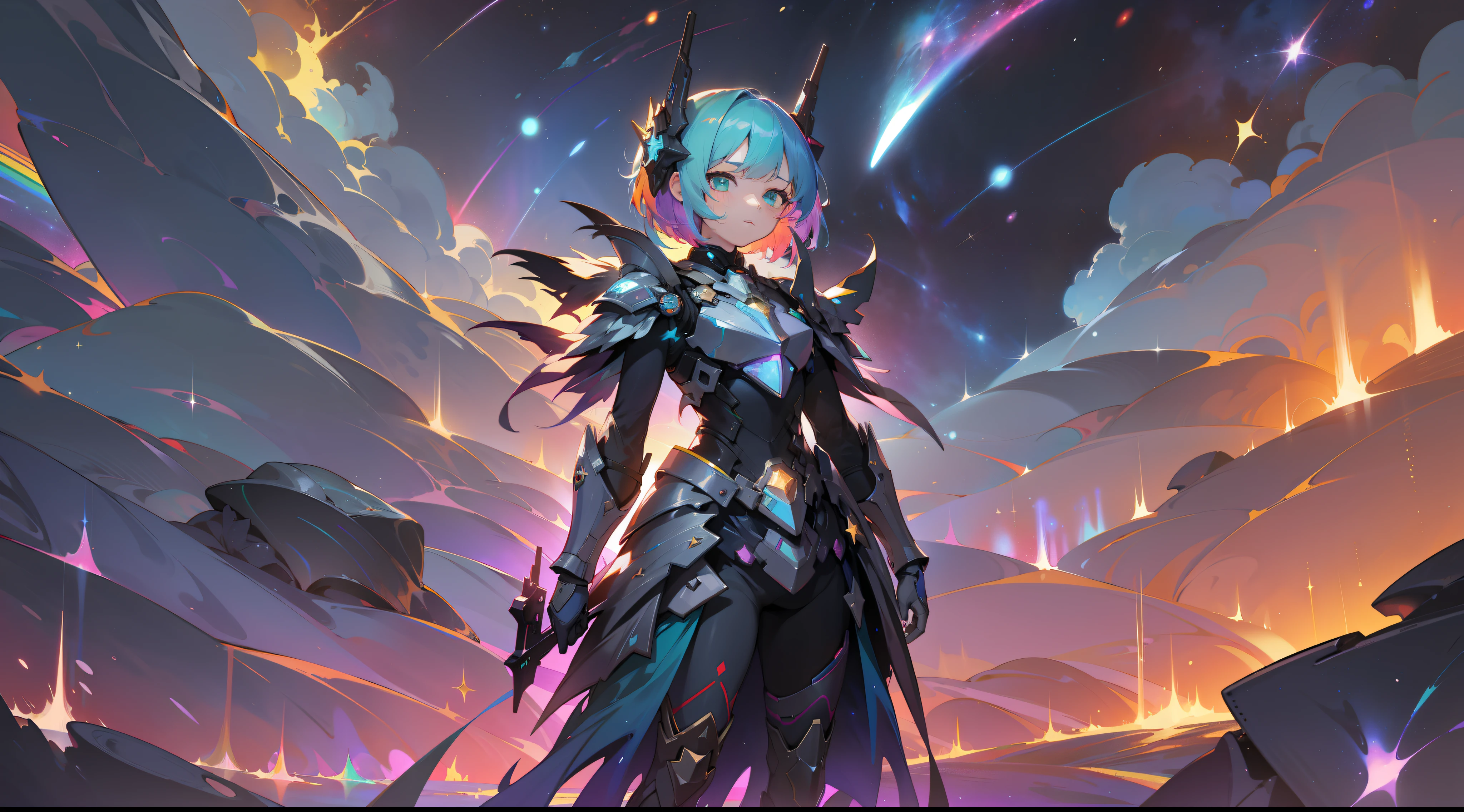 a girl, wildly rainbow colored short hair, dark fantasy, rainbow teal colored dress armor, standing, cosmic nebula background, stars, galaxies, surrounded by dark machines and shadows