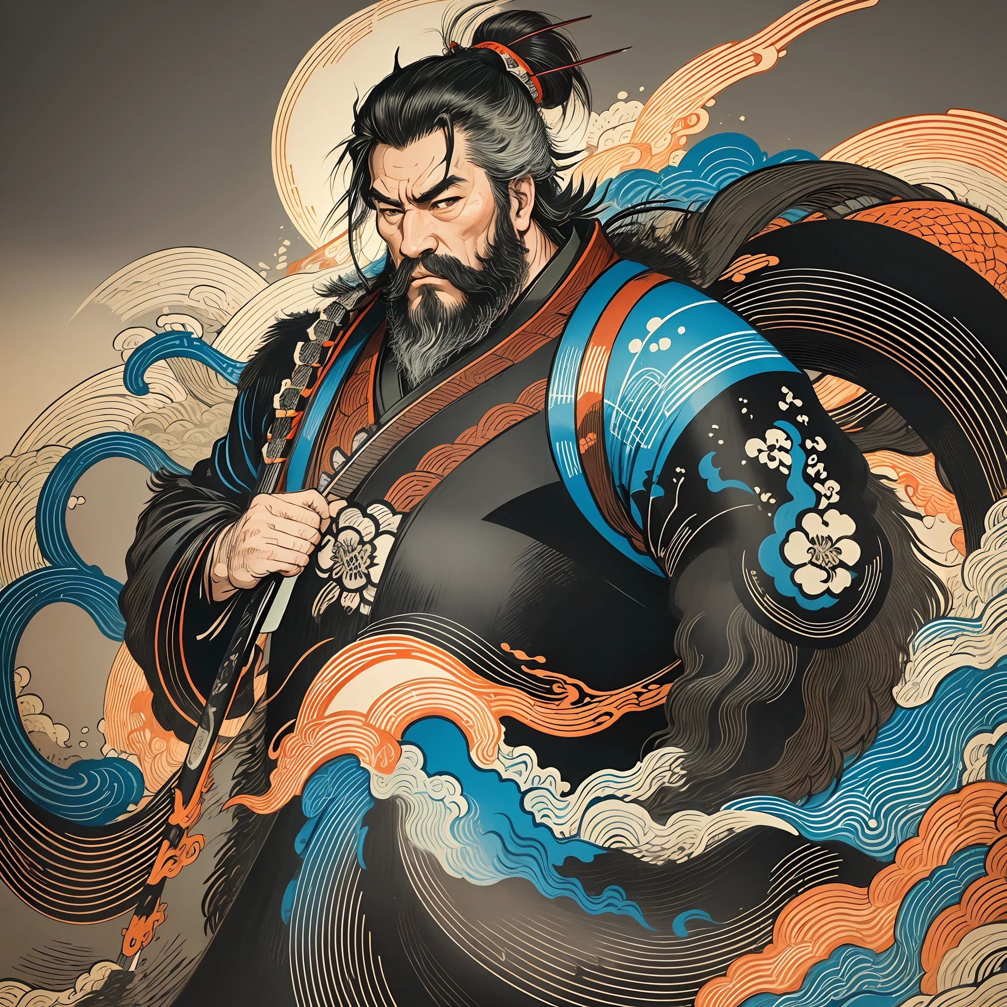 It is a full-body painting with natural colors with Katsushika Hokusai-style line drawings. The swordsman Miyamoto Musashi has a big body like a strongman. Samurai of Japan. He has a dignified yet manly expression of determination, short black hair, and a short, trimmed beard. His upper body is covered in a black kimono and his hakama is knee-long. In his right hand he holds a Japan sword with a longer sword part. In the highest quality, in the high-resolution ukiyo-e style lightning and swirling flames of the masterpiece. Miyamoto Musashi stands with his face and body facing forward, his back straight.