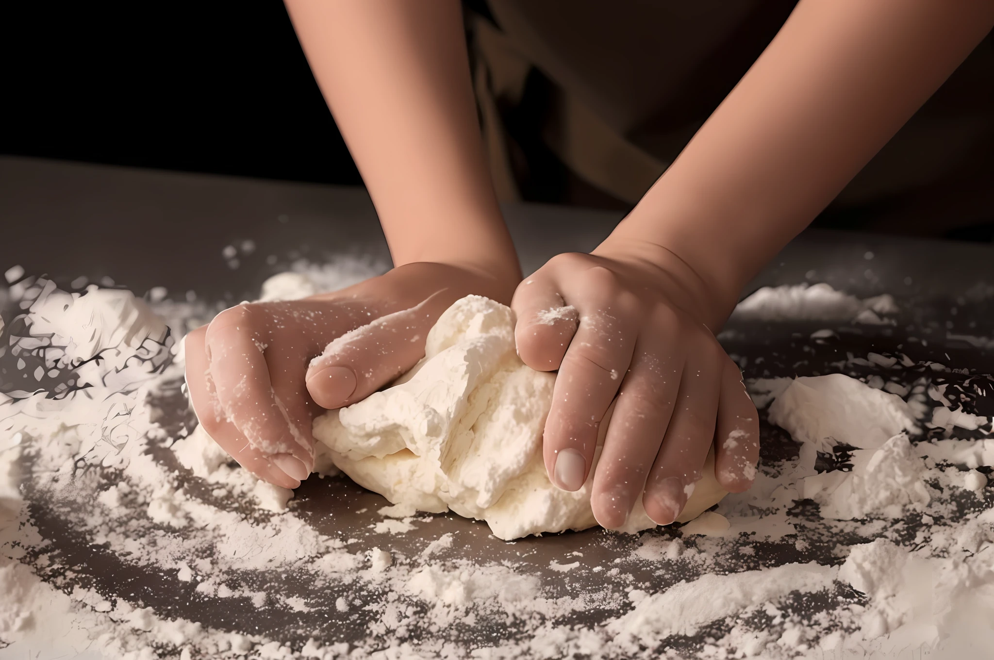 Someone kneading dough on a table with flour on it, dough sculpture, hands on the counter, covered with white flour, pastries, mixtures, crusts, creating a soft, culinary art photography, hands, chopping hands, gourmet, baking artwork, flour, baking baguettes, petite, bread, baked cookies, delicious, artisan, coherent hands, yeast, dark --auto --s2
