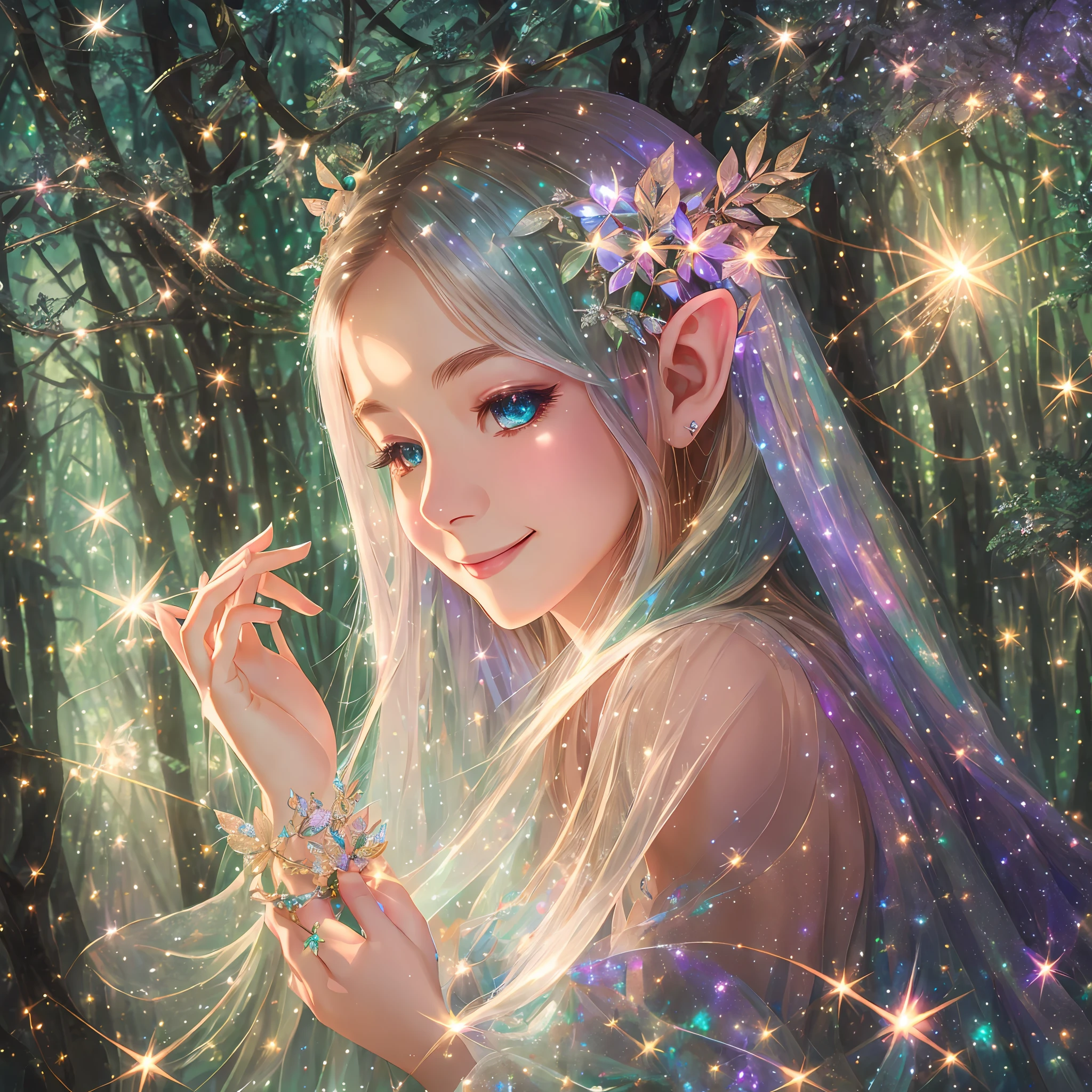 mysterious, high image quality, elf, heavenly forest, sparkle, gentle smile, light, halo, happiness, missha, lassen, glitter, fireflies, bright --auto --s2