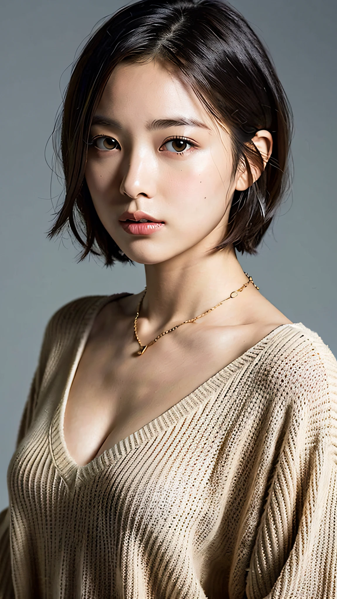 (Best quality, 8k, 32k, Masterpiece, UHD:1.2),Photo of Pretty Japanese woman, large breasts, very short bob hair,upper body,face focus,oversized_sweater, necklace, simple background, from above, looking at viewer,