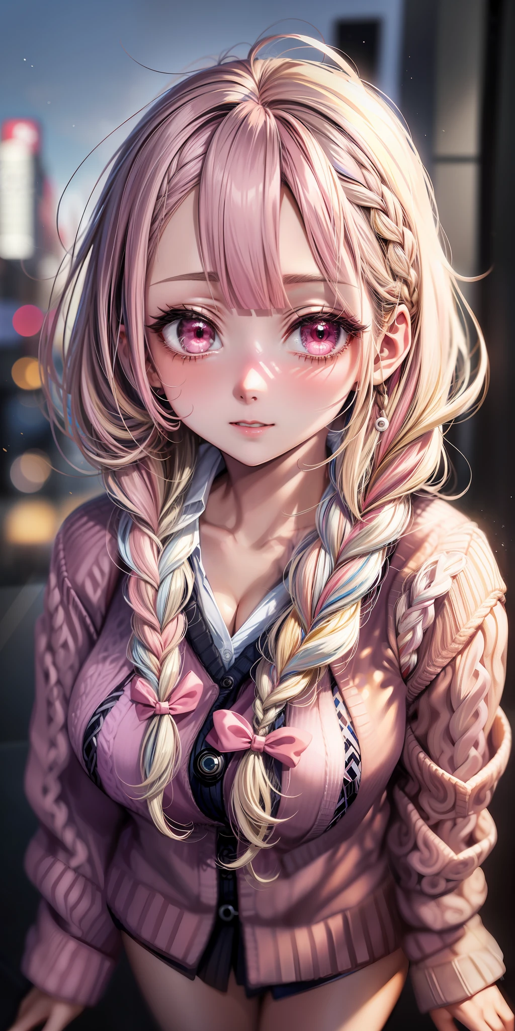 (anime),(animation),GAL,Medium hair, (single braid hair:1.3), beveled bangs, two-tone hair, blonde hair, (pink hair), round face, red eyes, (drooping eyes),((tareme)), [black skin],light smile,((cute)),1 girl,solo,(cardigan:1.4),[cleavage cutout]