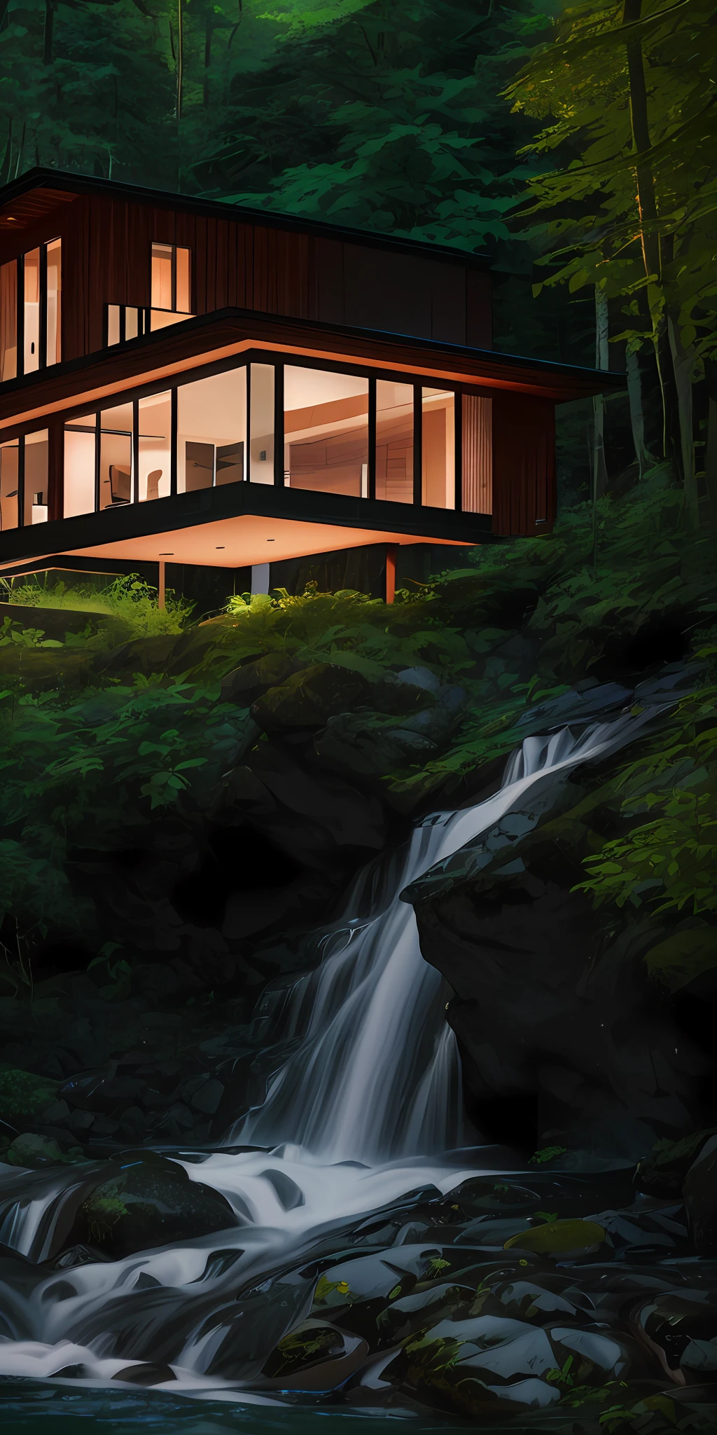 A beautiful modern and very modern house made of dark wood in the middle of a Swedish green forest with waterfalls and rivers nearby. Photographic style. High detail. Very realistic. 8k, full details. --ar 16:9 --uplight --s 750 --v 5