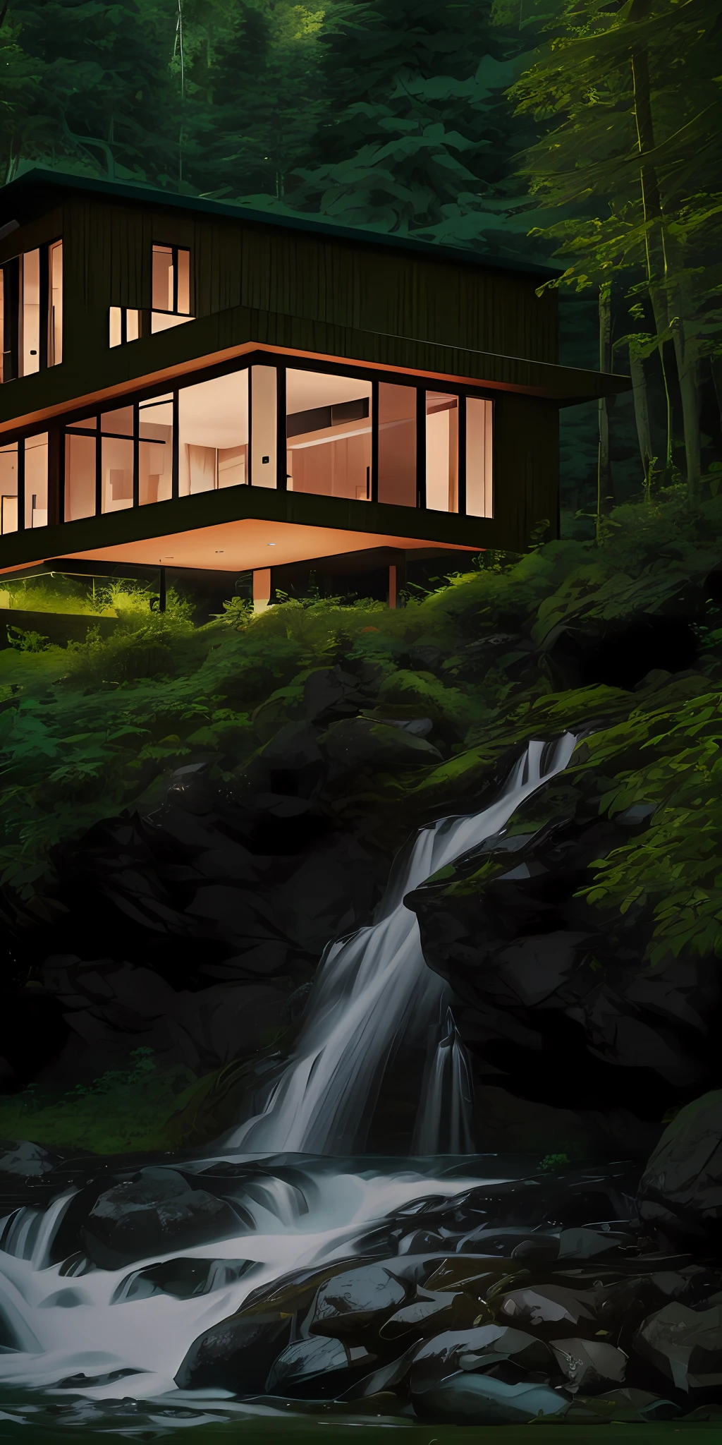 A beautiful modern and very modern house made of dark wood in the middle of a Swedish green forest with waterfalls and rivers nearby. Photographic style. High detail. Very realistic. 8k, full details. --ar 16:9 --uplight --s 750 --v 5