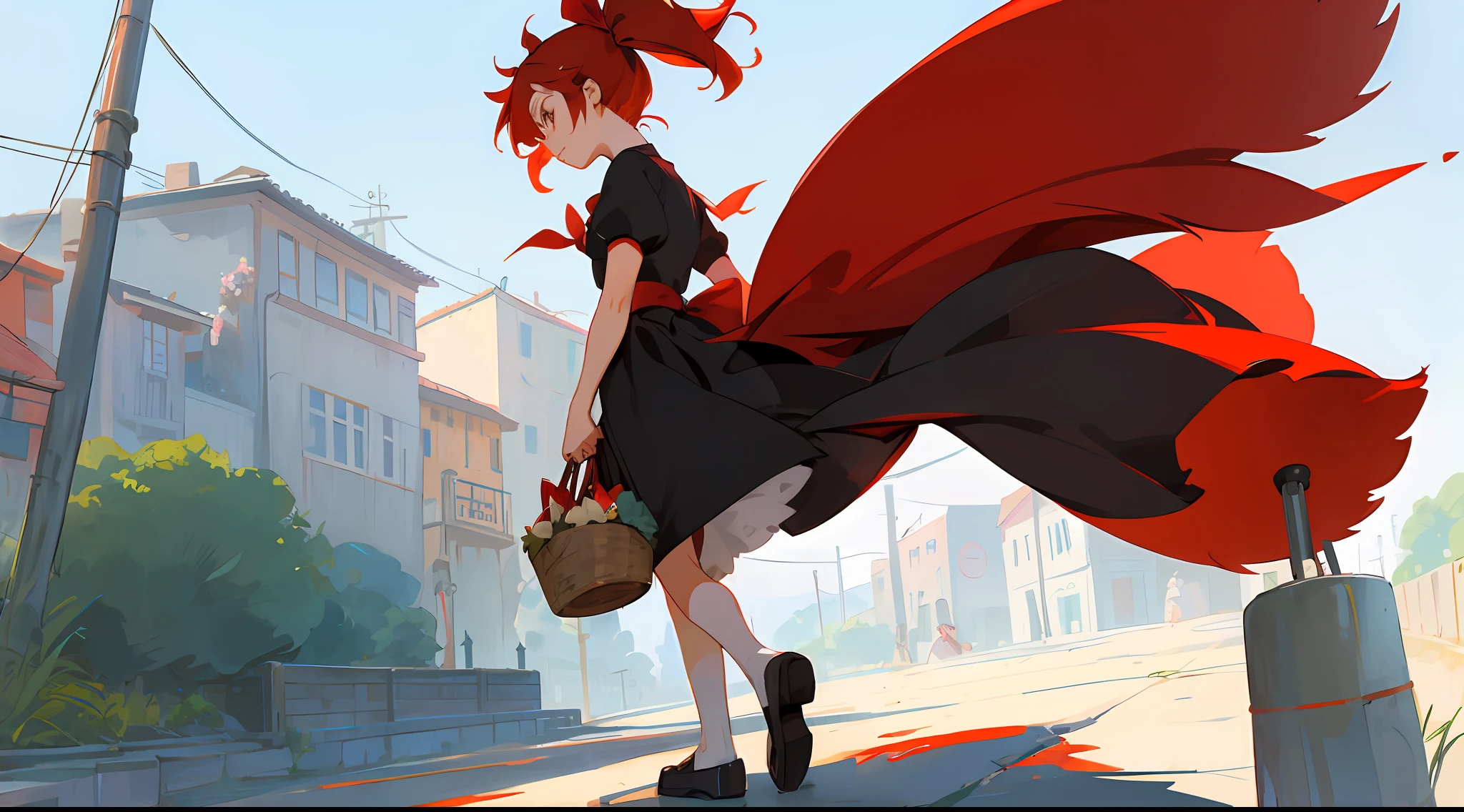 Kiki delivery service, studio ghibli, walking around town with a huge red hair bow