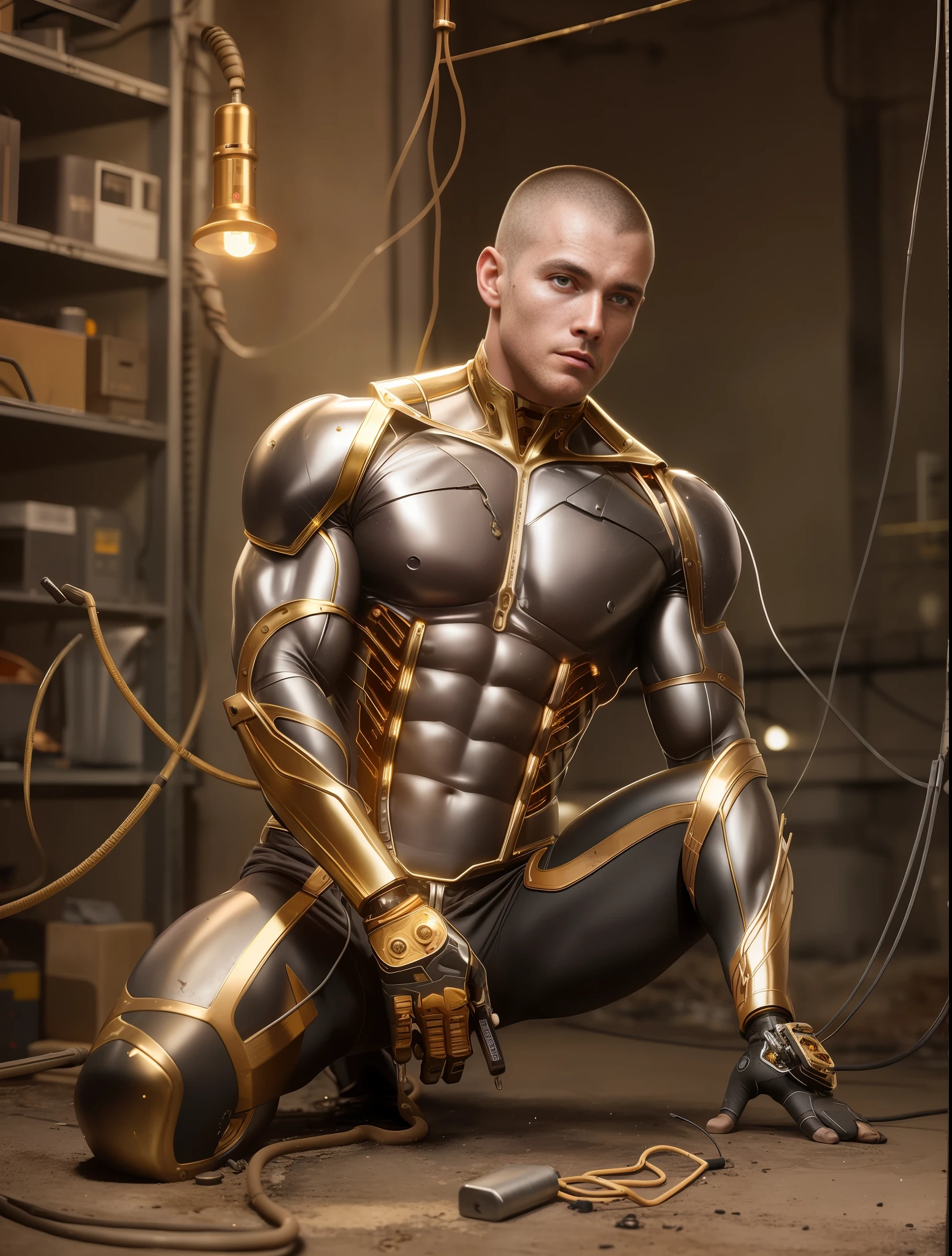 Very attractive muscular cyborg man, buzzcut, exposed wires, gold oil leaking from rusty wires, lights, dramatic lighting chiaroscuro, full body view, aged scratch metal,