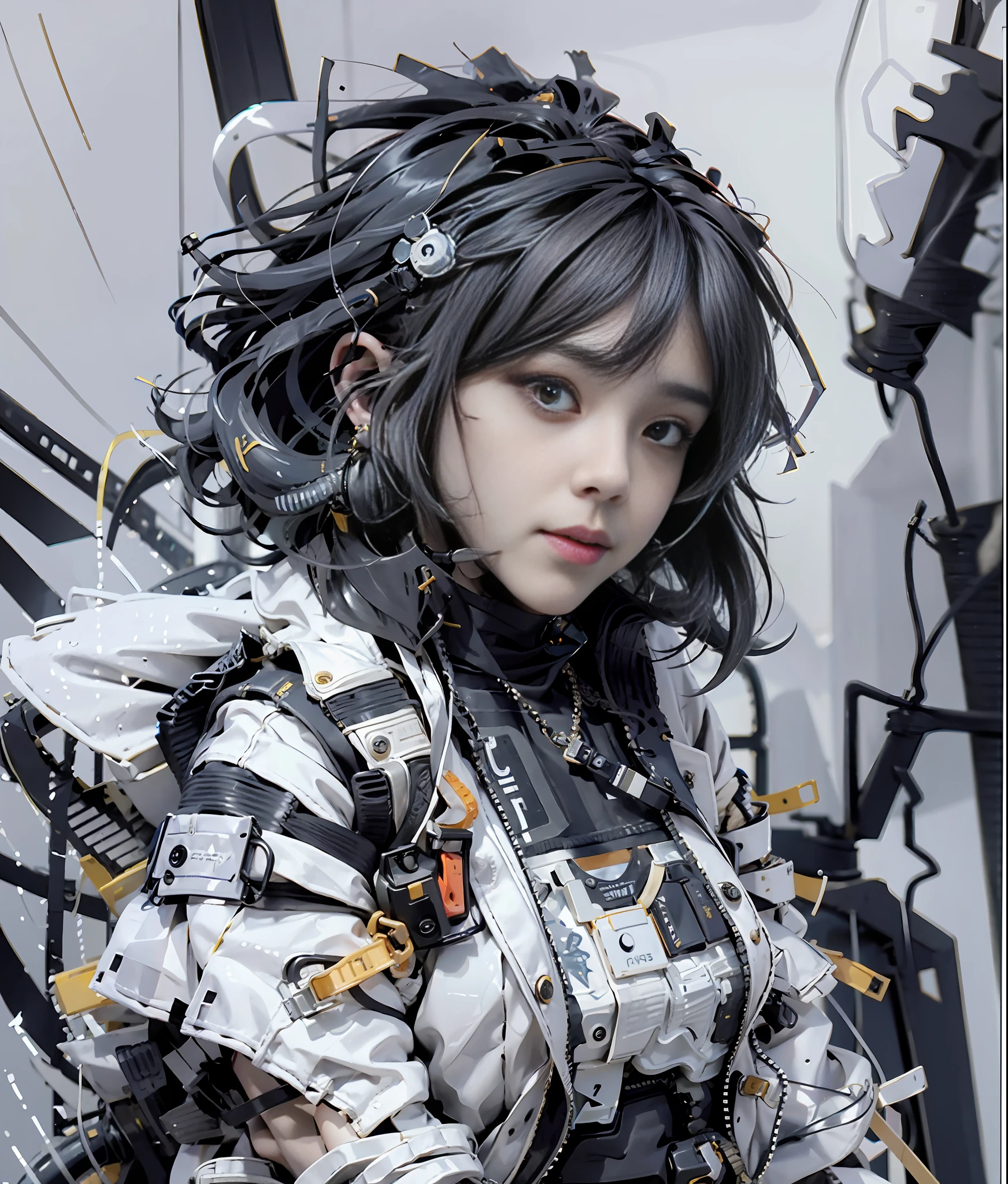 Close up photo, medium shoot, wide angle, a nijigirl with anthena ears wearing techwear jacket and baggy cargo pants, wearing vr headset samurai, milky bob cut, warm grin, a huge diamond necklace, cyberpunk city, very detailed, vr headset