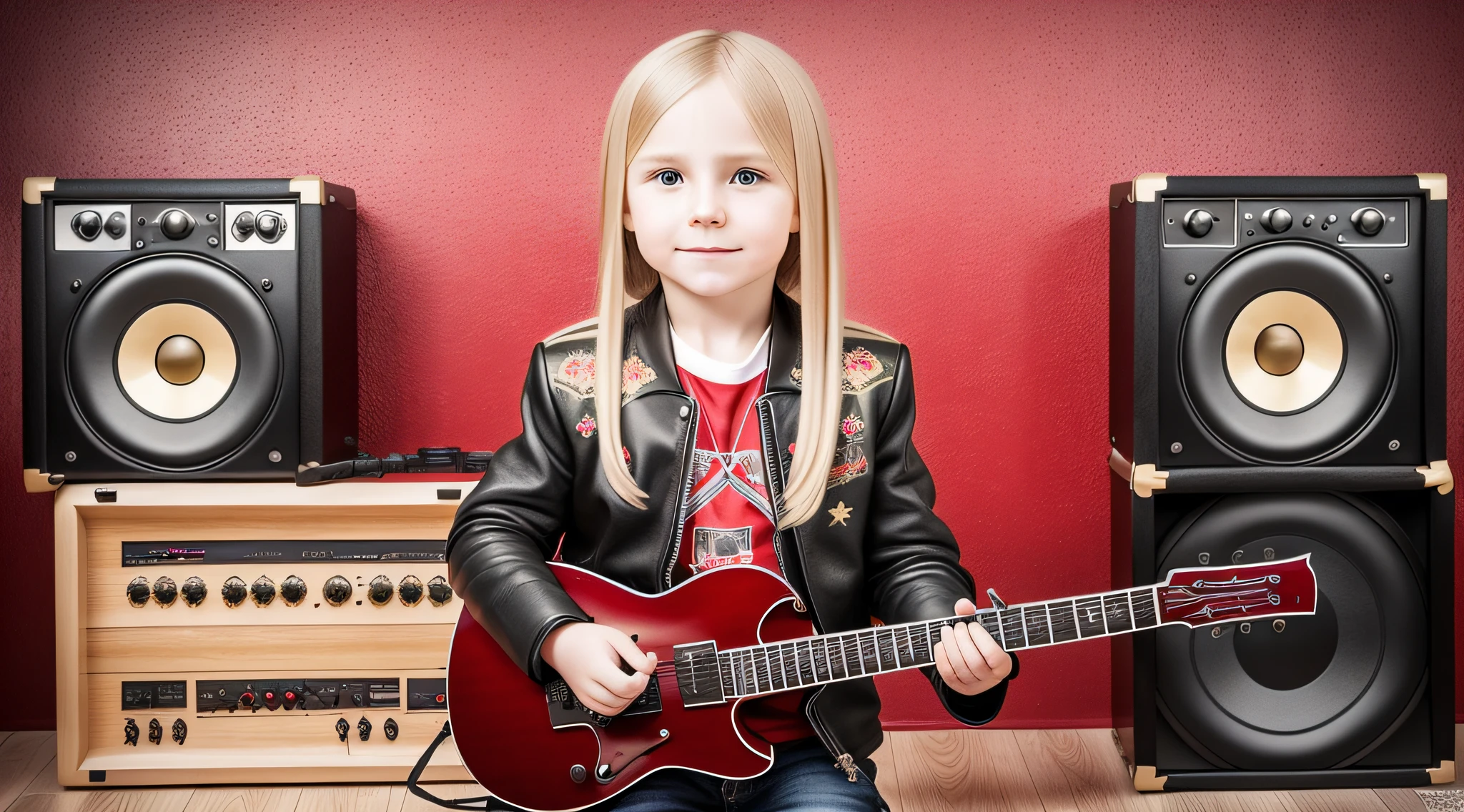Russian style,  boy, portrait, long blonde hair with red leather jacket and black clothing, background with wall of amplifiers and guitars,. --auto --s2
