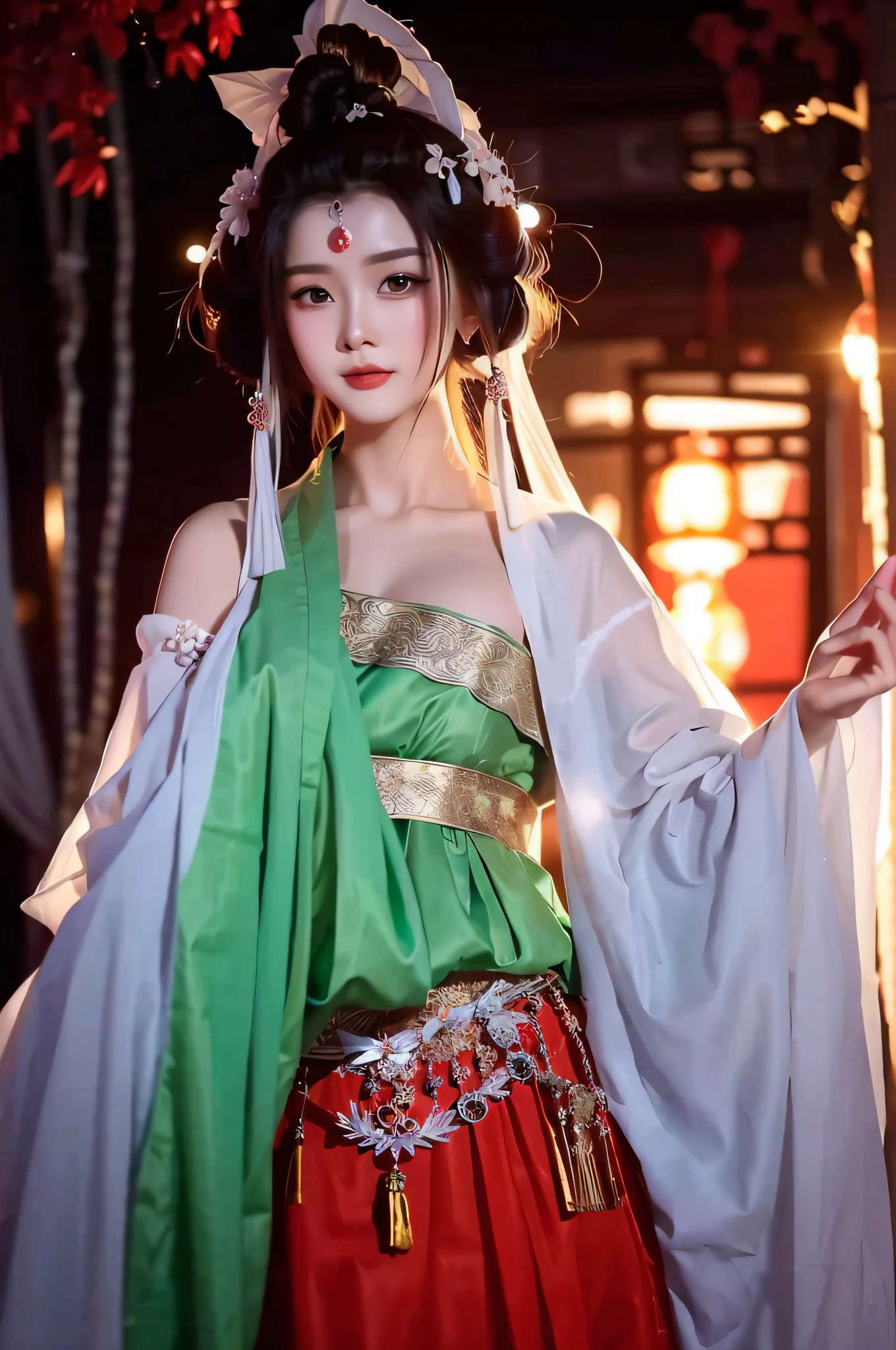 arafed woman in a green and red dress and a white veil, palace , a girl in hanfu, wearing ancient chinese clothes, with acient chinese clothes, chinese costume, hanfu, a beautiful fantasy empress, ((a beautiful fantasy empress)), inspired by Luo Mu, inspired by Lan Ying, full body xianxia, chinese style, ancient chinese princess