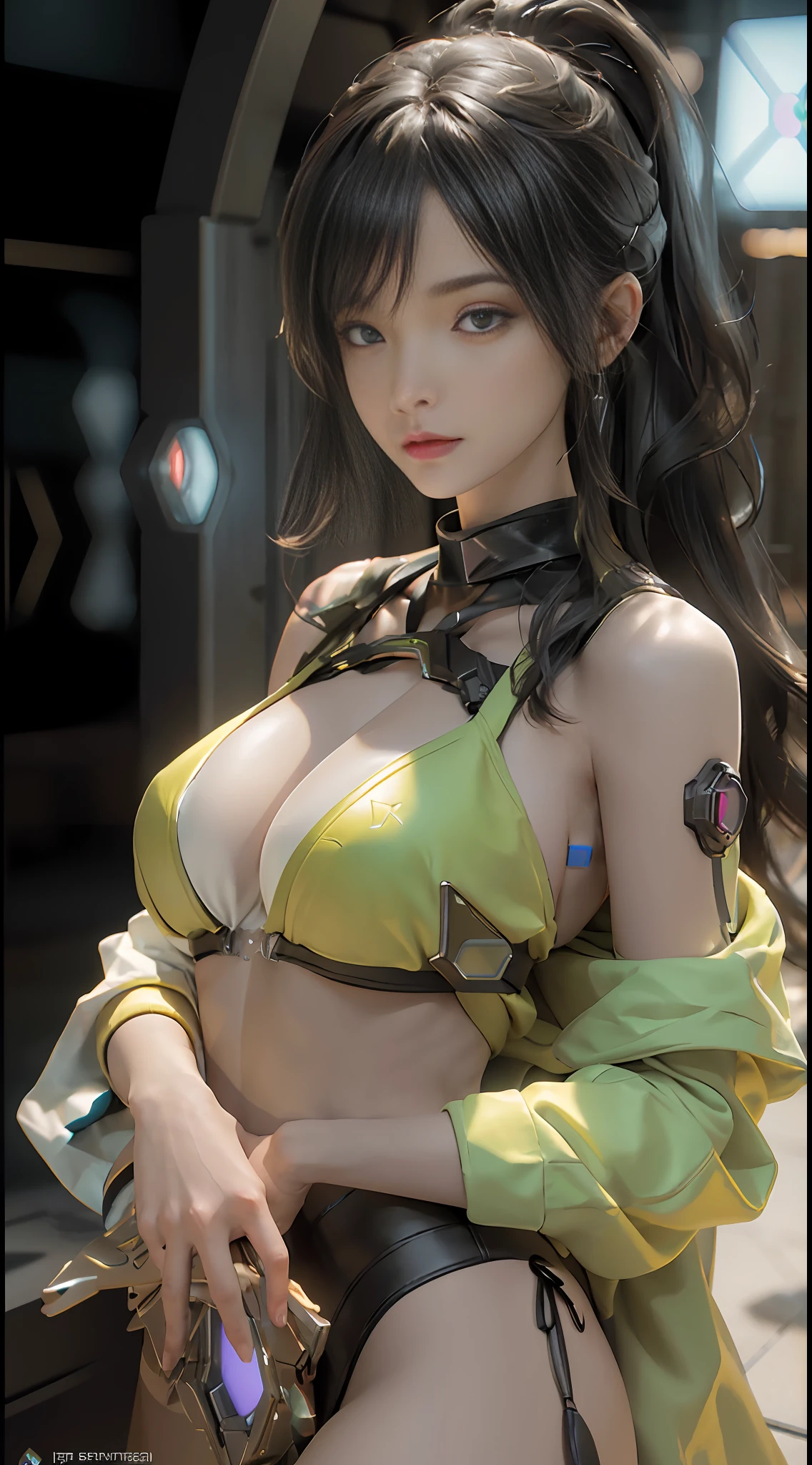 ((Best Quality)), ((Masterpiece)), (Details: 1.4), 3D, A Woman in a Bikini, Cyberpunk Style, Big, Cleavage, HDR (High Dynamic Range), Ray Tracing, NVIDIA RTX, Super-Resolution, Unreal 5, Subsurface Scattering, PBR Texture, Post Processing, Anisotropy Filtering, Depth of Field, Maximum Sharpness and Clarity, Multi-layer Texture, Albedo and specular mapping, surface shading, accurate simulation of light-material interactions, perfect proportions, Octane Render, two-color light, large aperture, low ISO, white balance, rule of thirds, 8K RAW,