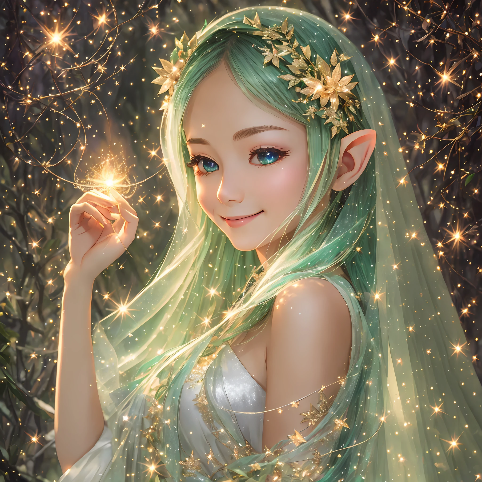 mysterious, high image quality, elf, heavenly forest, sparkle, gentle smile, light, halo, happiness, missha, lassen, glitter, fireflies, bright --auto --s2