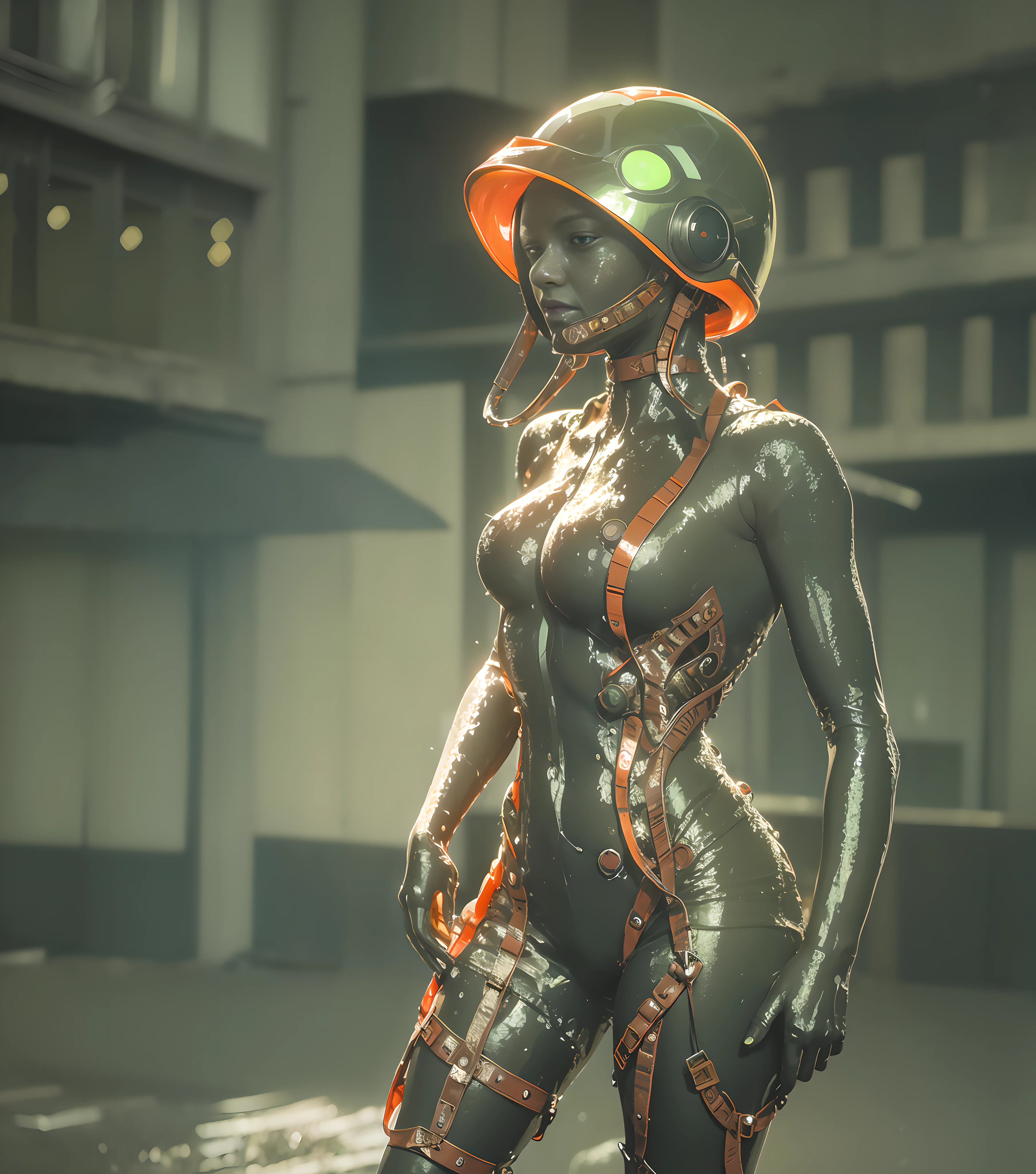original, masterpiece, best quality, a cyborg woman in a green circle light up cyberhelmet with orange ears, wearing orange jacket, sunny day, on the street