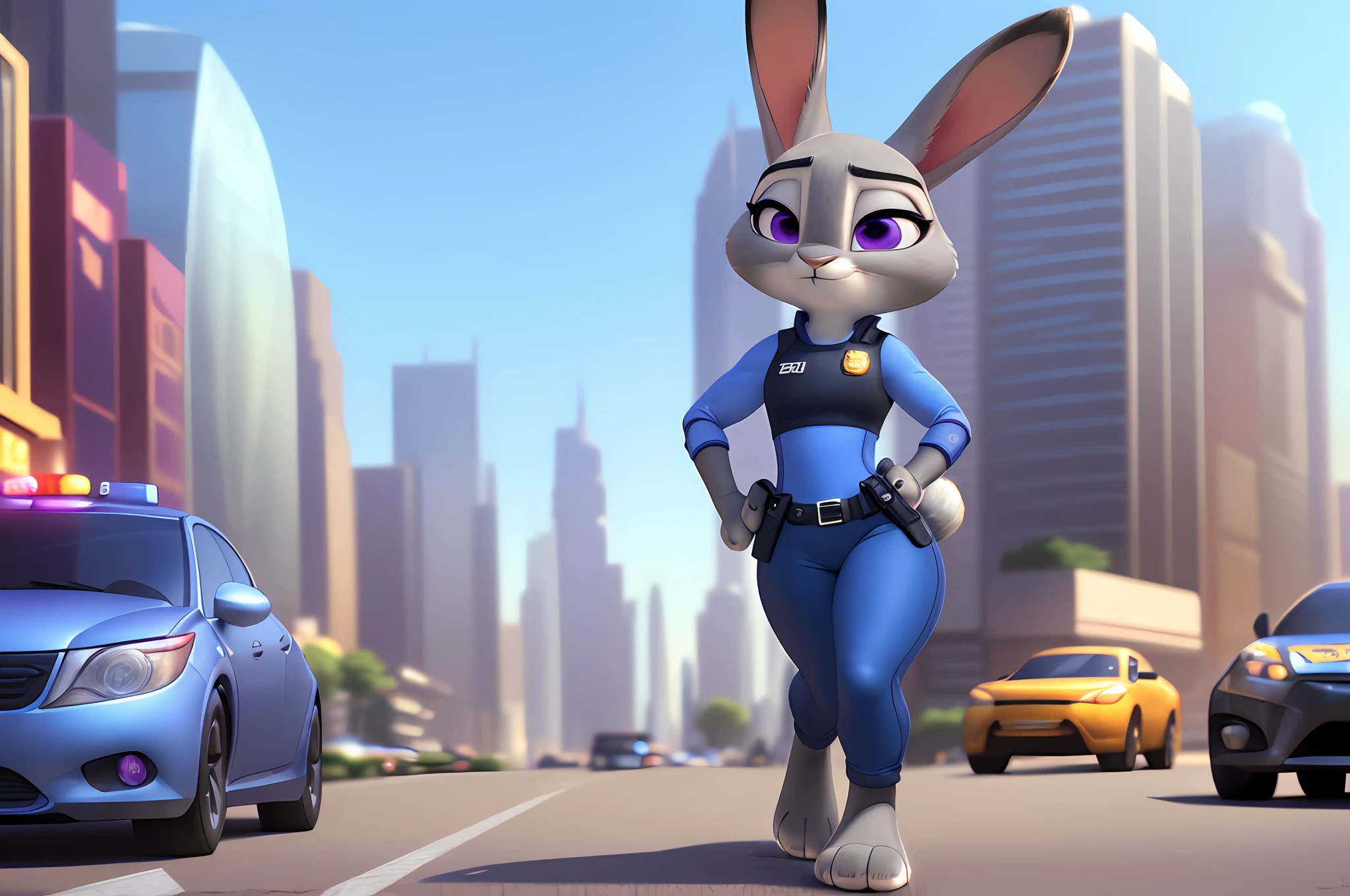 [JudyHopps], [Uploaded to e621.net; (Pixelsketcher), (wamudraws), (siroc)], ((masterpiece)), ((solo portrait)), ((1girl)), ((full body)), ((raw photo)), ((furry; anthro)), ((detailed fur)), ((raytracing)), ((detailed shading)), ((beautiful 3D art)), {anthro rabbit; (grey fur, black nose, multicolored rabbit ears), cute purple eyes, frown, (police uniform; ZPD police badge, small boobs, curvaceous hips), (beautiful feet; 4 toes)}, ((walking on sidewalk; looking to left) attractive pose), [background; (zootopia city; skyscrapers, sunny, street, cars)]