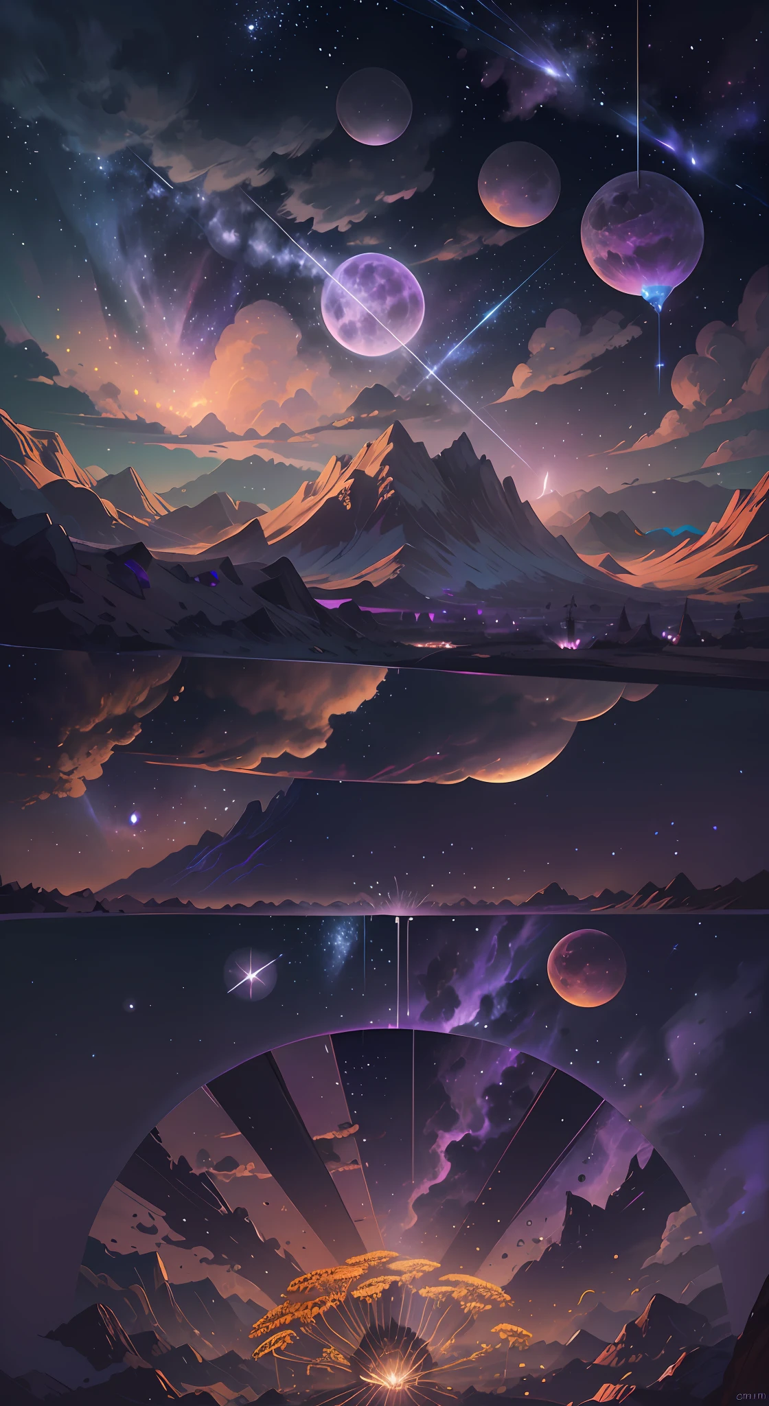 (Absurdres, Cinematic, UHD, higher, ultra detailed, ultra detailed), dark purple sky, nebula in the sky, 5 lattern in the sky, big moon in the sky, flying train, shooting star, dandelion field, mountain, boy looking at the sky, oil painting, detailed dandelion field, detailed flying train, detailed sky, sunset, orange, yellow blue, purple, warmt --auto --s2