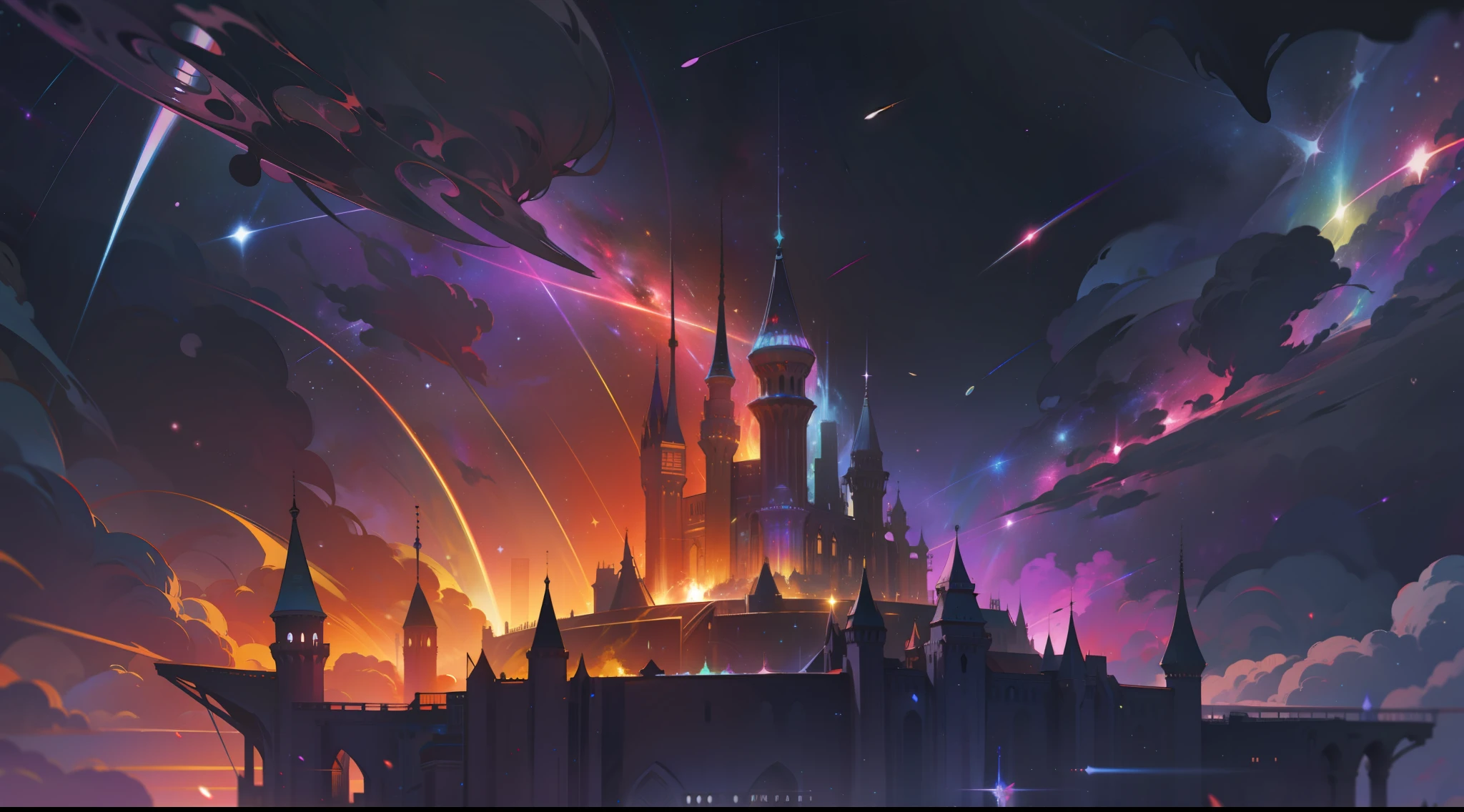 rainbow colored cosmic nebula background, stars, galaxies, castles, fortress, a city in the universe