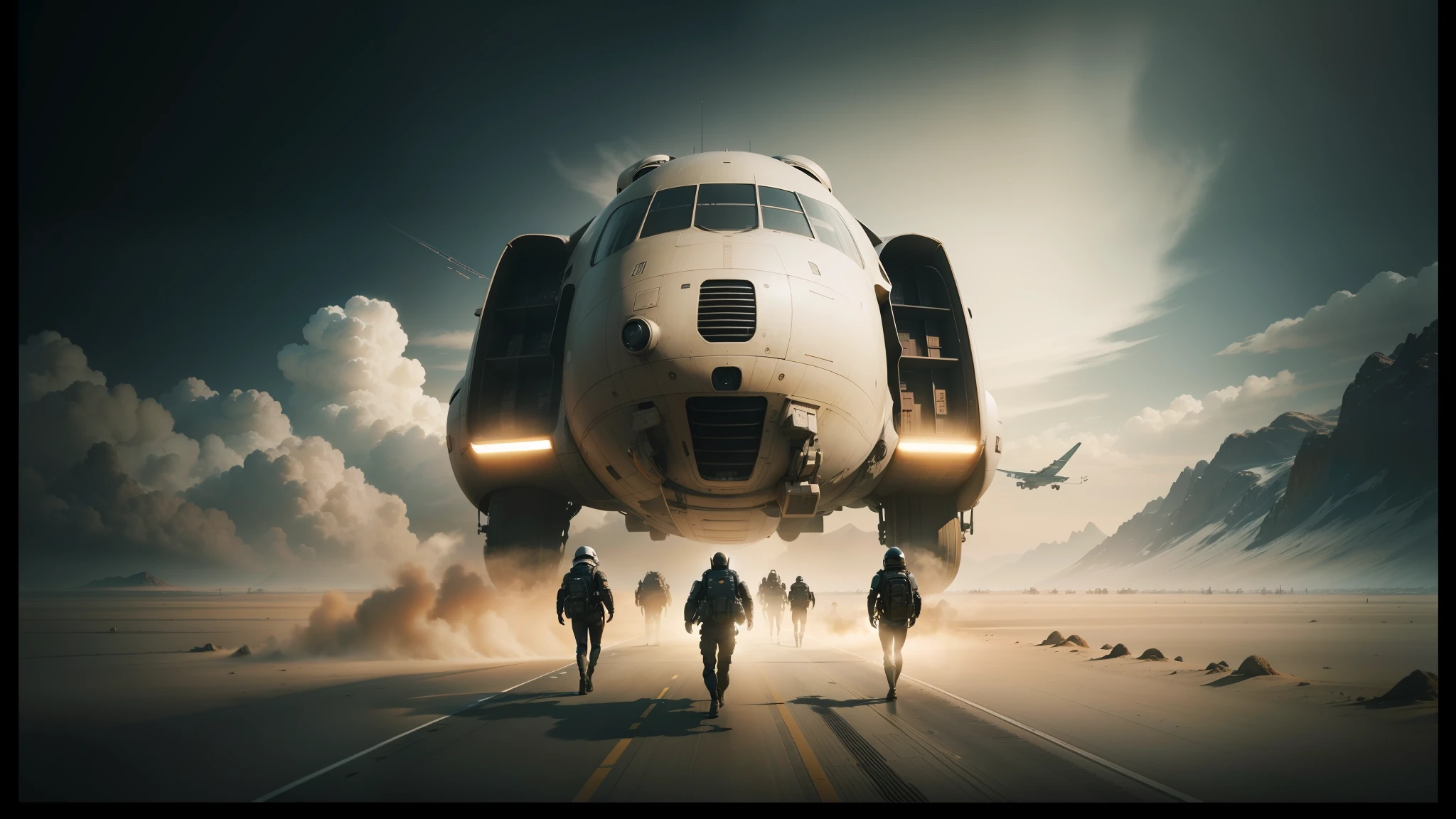 there are people walking towards a large airplane on a runway, cgsociety 9, stunning sci-fi concept art, cgsociety ), cgsociety, from a 2 0 1 9 sci fi 8 k movie, film still from movie dune-2021, still from the movie the arrival, by Mike Winkelmann, still from movie dune, cgsociety hd --auto --s2