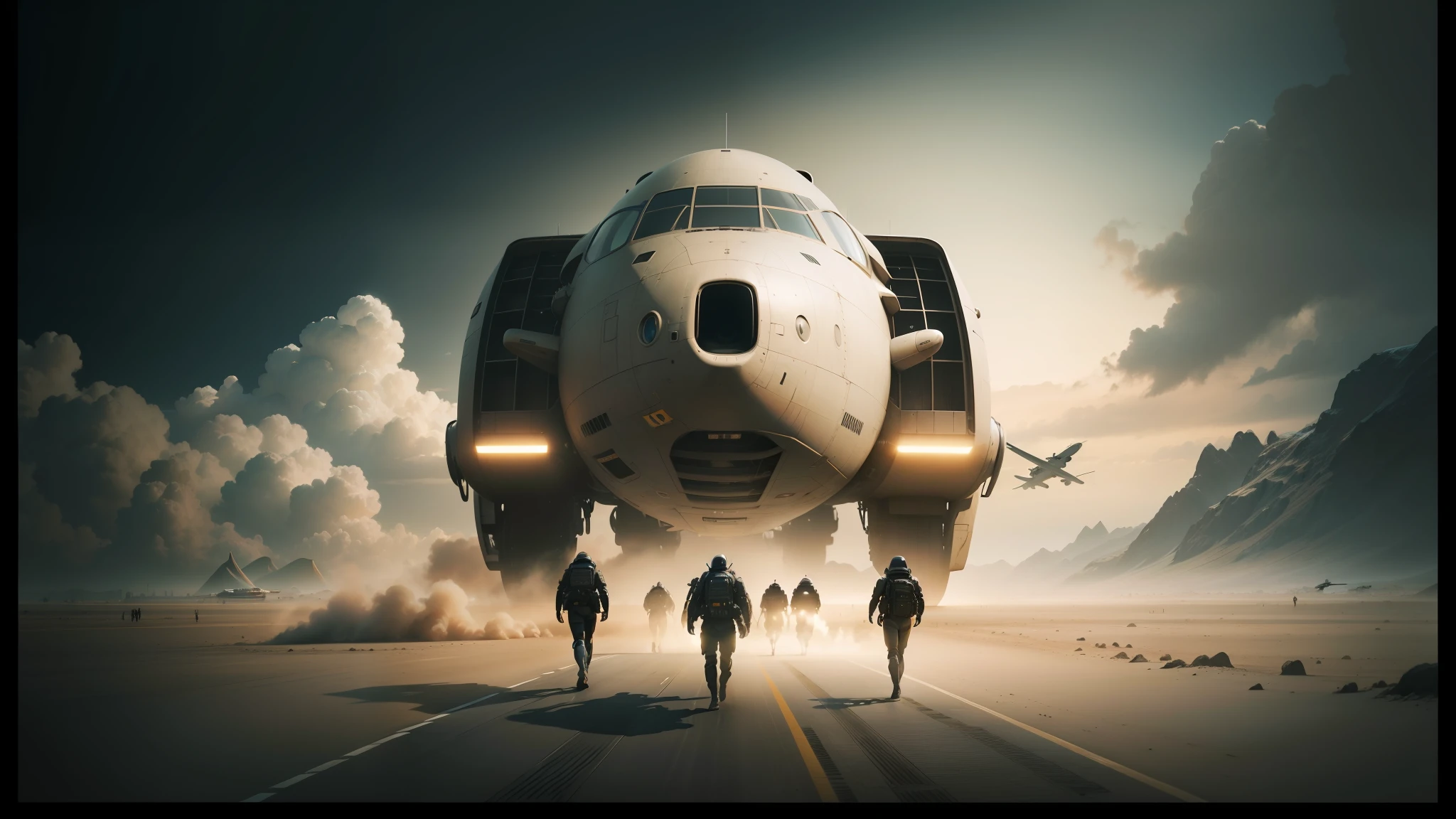 there are people walking towards a large airplane on a runway, cgsociety 9, stunning sci-fi concept art, cgsociety ), cgsociety, from a 2 0 1 9 sci fi 8 k movie, film still from movie dune-2021, still from the movie the arrival, by Mike Winkelmann, still from movie dune, cgsociety hd --auto --s2