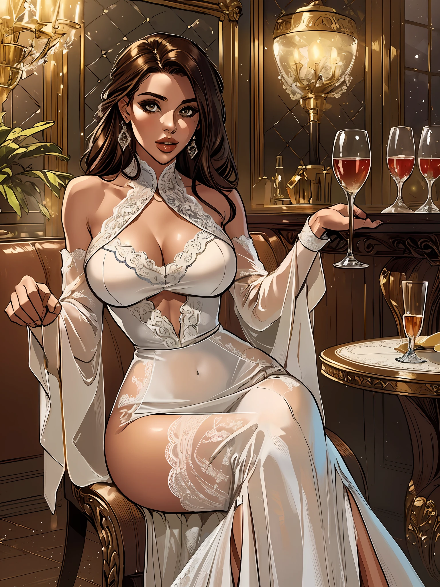 ((masterpiece,ultra-detailed, intricate details, best quality,illustration)),1girl, solo, brown hair, white dress, glass, restaurant, night, indoor, luxury, elegant, sophisticated, classy, fashionable, chic, attractive, charming, gorgeous, stunning, charming, cute, charming, charming, beautiful, delicate face, beautiful and delicate eyes, soft expression, full lips, slender body, curvy, hourglass body, medium bust, slender arms, graceful hands, slender fingers, delicate wrists, elegant neck, bare shoulders, smooth skin, slender waist, flowing skirt, intricate lace pattern, translucent fabric , high slit, long skirt, elegant heels, intricate design, white color scheme, subtle shadows, dim lighting, warm colors, wooden furniture, comfortable seats, smooth tables, crystal glassware, condensation on glass, wine, drinks, beverages, refreshing, fragrant, sparkling, crisp, effervescent, mouthwatering, fresh atmosphere, relaxation, peace, serenity, serenity, soothing, cozy atmosphere, complex background music, live jazz performance, subtle sounds, soft murmur, Environmental noise, artistic composition, visual impact, harmonious color scheme, balanced composition, professional execution