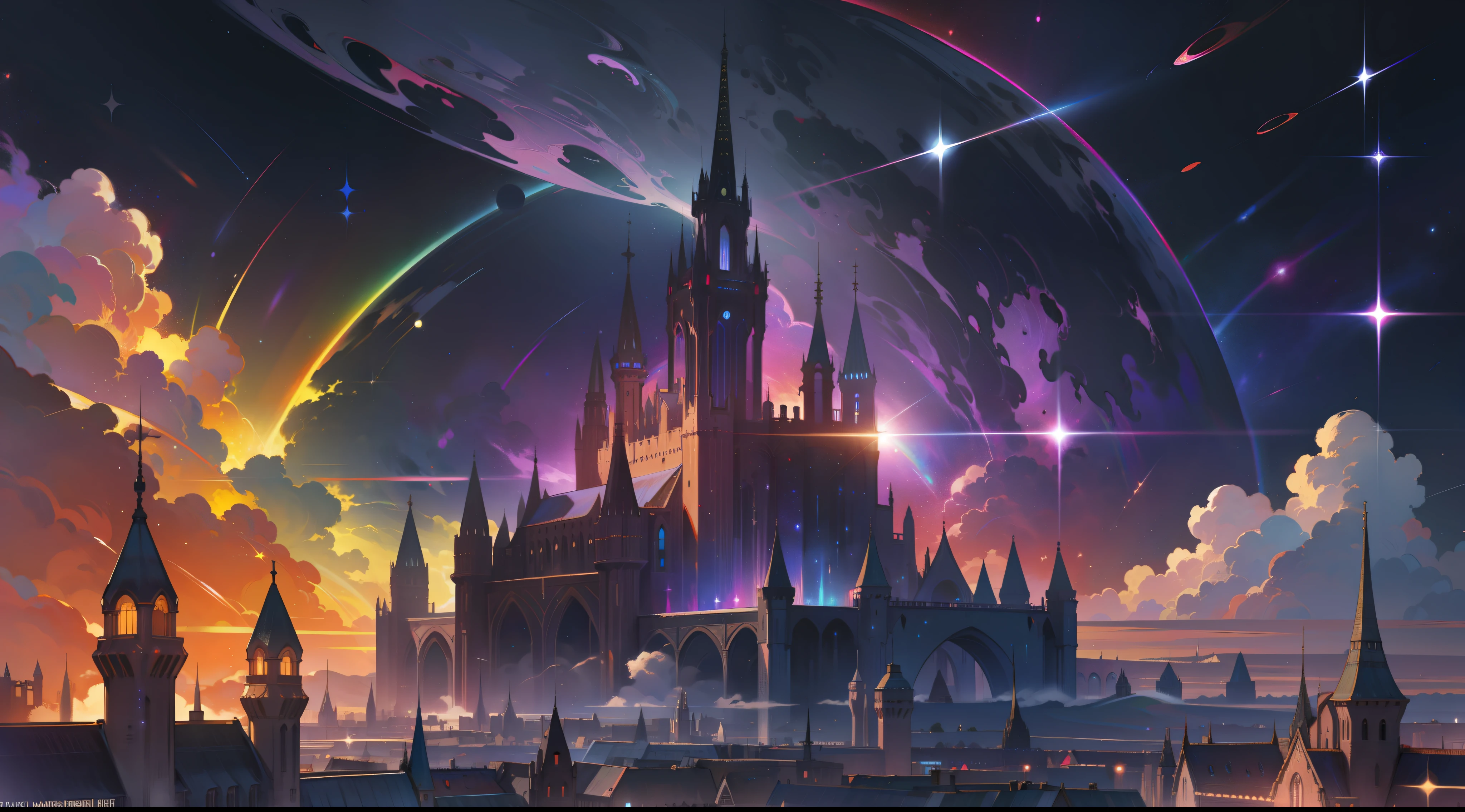 rainbow colored cosmic nebula background, stars, galaxies, castles, fortress, a city in the universe