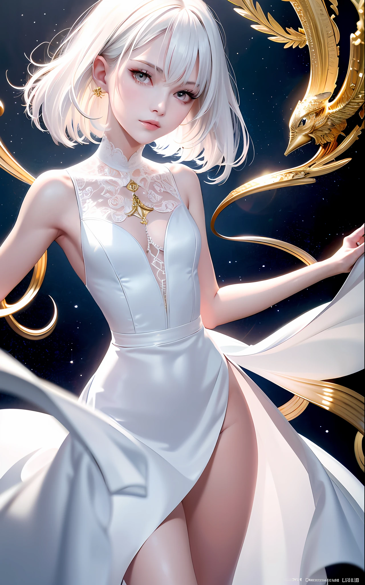 Superb and masterpiece, high resolution, best quality, UHD, super detail, award-winning, 16k, upper body, a beautiful girl, white hair, hair, ((golden eyes)), hanging eyes, fair skin, small breasts, slender figure, white clothes, white dress shirt