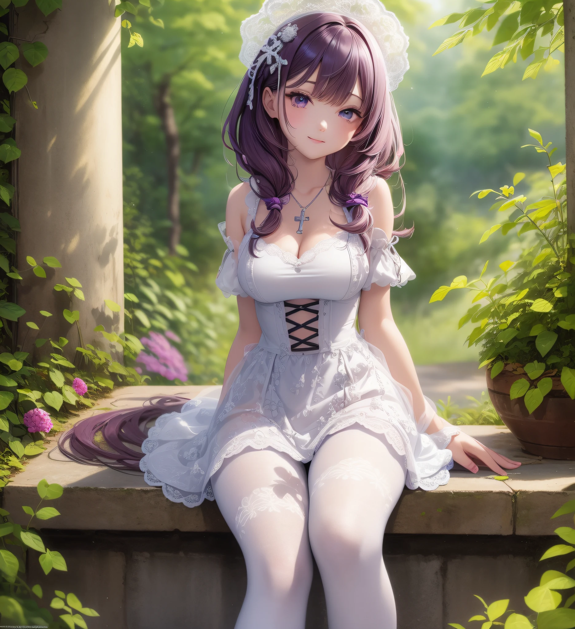 thumbs up, cross legs, room, medium hair, (magenta), blunt bangs, double tails, purple eyes, light smile, (full body), loli, (cute face: 1.5), solo, (white dress: 1.3), pantyhose, lace-up heels, necklace, hairpin, (mini girl: 1.3), dynamic angle, floating, frills, painting, depth of field, nature, beautiful and detailed girl, extremely detailed eyes and face, beautiful detail eyes, fine light, movie lighting, lens flare, light leakage, sunlight , shine , beautiful detail glow, ridiculous, incredibly ridiculous, huge file size , super detailed, high resolution, extremely detailed, best quality , masterpiece, illustration, extremely refined and beautiful, very detailed , CG ,unity ,8k wallpaper, amazing, fine detail, masterpiece, best quality, official art, extremely detailed CG Unity 8k wallpaper, studio lighting, high saturation, dramatic angle,  Reflected light, ray tracing, depth of field, outdoor, (age 14: 1.3)