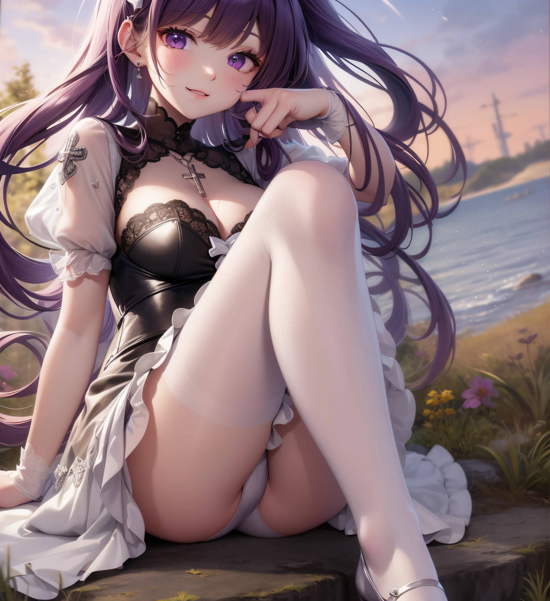 thumbs up, cross legs, room, medium hair, (magenta), blunt bangs, double tails, purple eyes, light smile, (full body), , (cute face: 1.5), solo, (white dress: 1.3), pantyhose, lace-up heels, necklace, hairpin, (mini girl: 1.3), dynamic angle, floating, frills, painting, depth of field, nature, beautiful and detailed girl, extremely detailed eyes and face, beautiful detail eyes, fine light, movie lighting, lens flare, light leakage, sunlight , shine , beautiful detail glow, ridiculous, incredibly ridiculous, huge file size , super detailed, high resolution, extremely detailed, best quality , masterpiece, illustration, extremely refined and beautiful, very detailed , CG ,unity ,8k wallpaper, amazing, fine detail, masterpiece, best quality, official art, extremely detailed CG Unity 8k wallpaper, studio lighting, high saturation, dramatic angle, Reflected light, ray tracing, depth of field, outdoor, (age 14: 1.3)