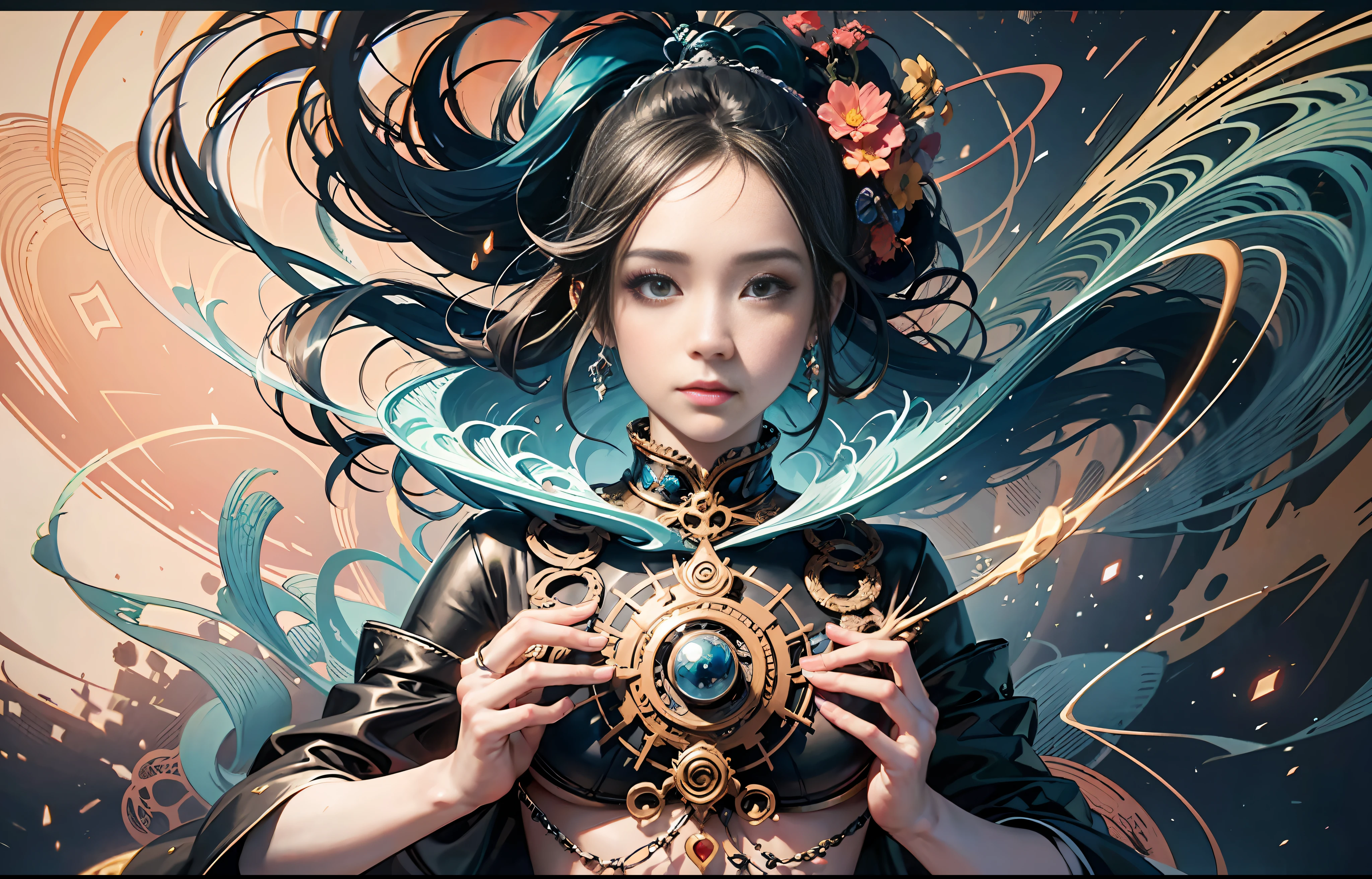 official art, unity 8k wallpaper, ultra detailed, beautiful and aesthetic, masterpiece, best quality, (zentangle, mandala, tangle, entangle), (fractal art:1.3) , 1girl, extremely detailed, dynamic angle, cowboyshot, the most beautiful form of chaos, elegant, a brutalist designed, vivid colours, romanticism, by james jean, roby dwi antono, ross tran, francis bacon, michal mraz, adrian ghenie, petra cortright, gerhard richter, takato yamamoto, ashley wood, atmospheric, ecstasy of musical notes, streaming musical notes visible