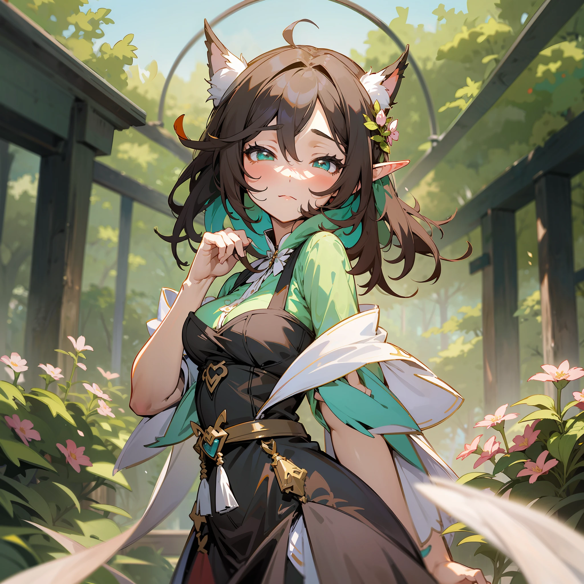 anime girl with big boos posing in a garden with flowers, an anime drawing by Shitao, pixiv, fantasy art, seductive anime girl, small curvy loli, oppai, elf girl, anime goddess, breasts covered and sfw, ecchi anime style, loli in dress, smooth anime cg art, ecchi, attractive anime girl