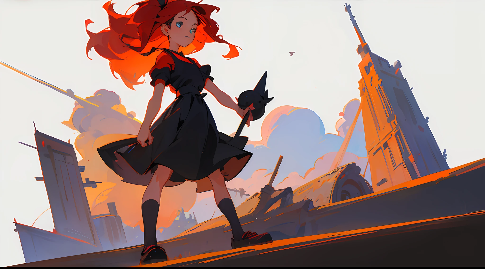 full body girl, Kiki, from kIKI's delivery service, studio ghibli, standing, big red hair tie, flat white background