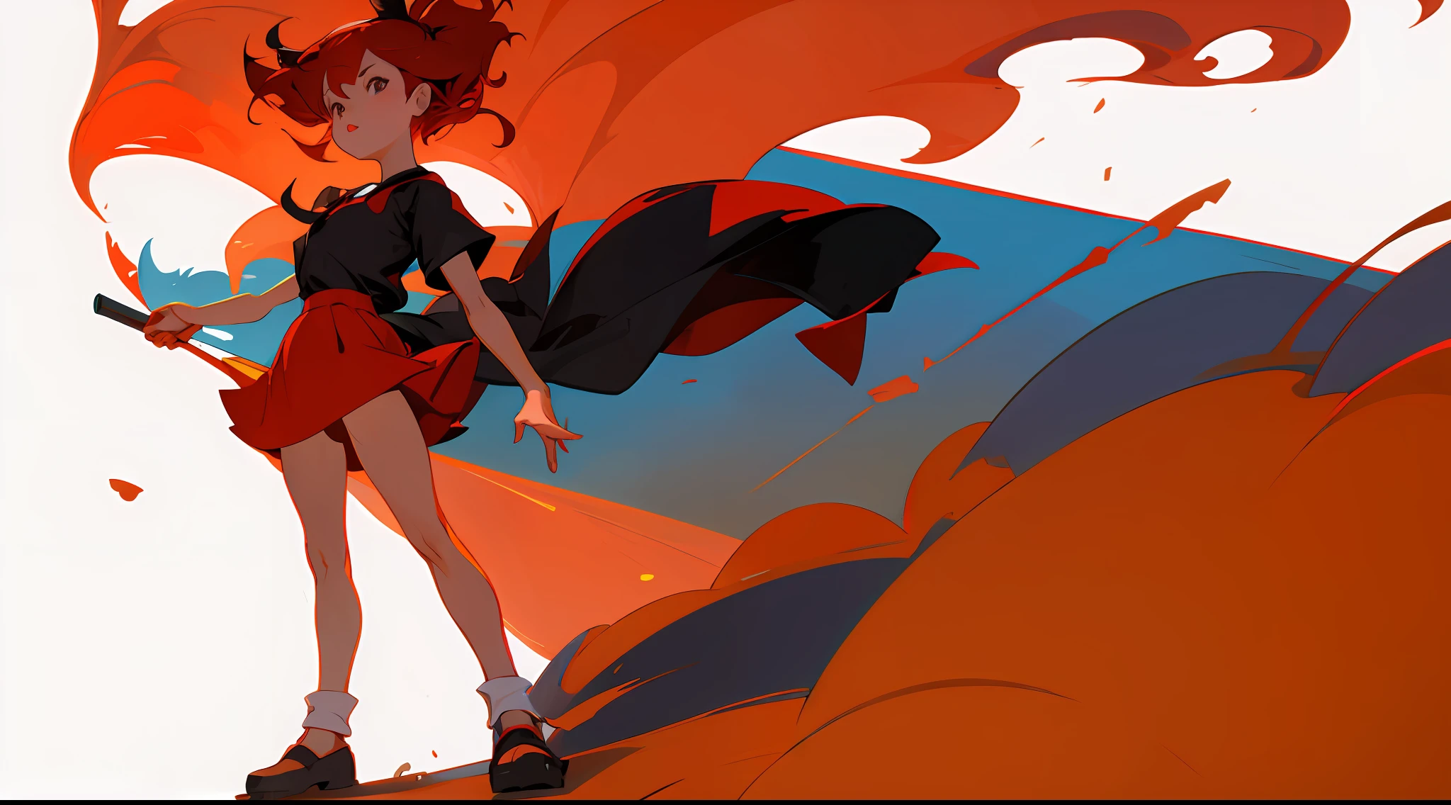 full body girl, Kiki, from kIKI's delivery service, studio ghibli, standing, big red hair tie, flat white background