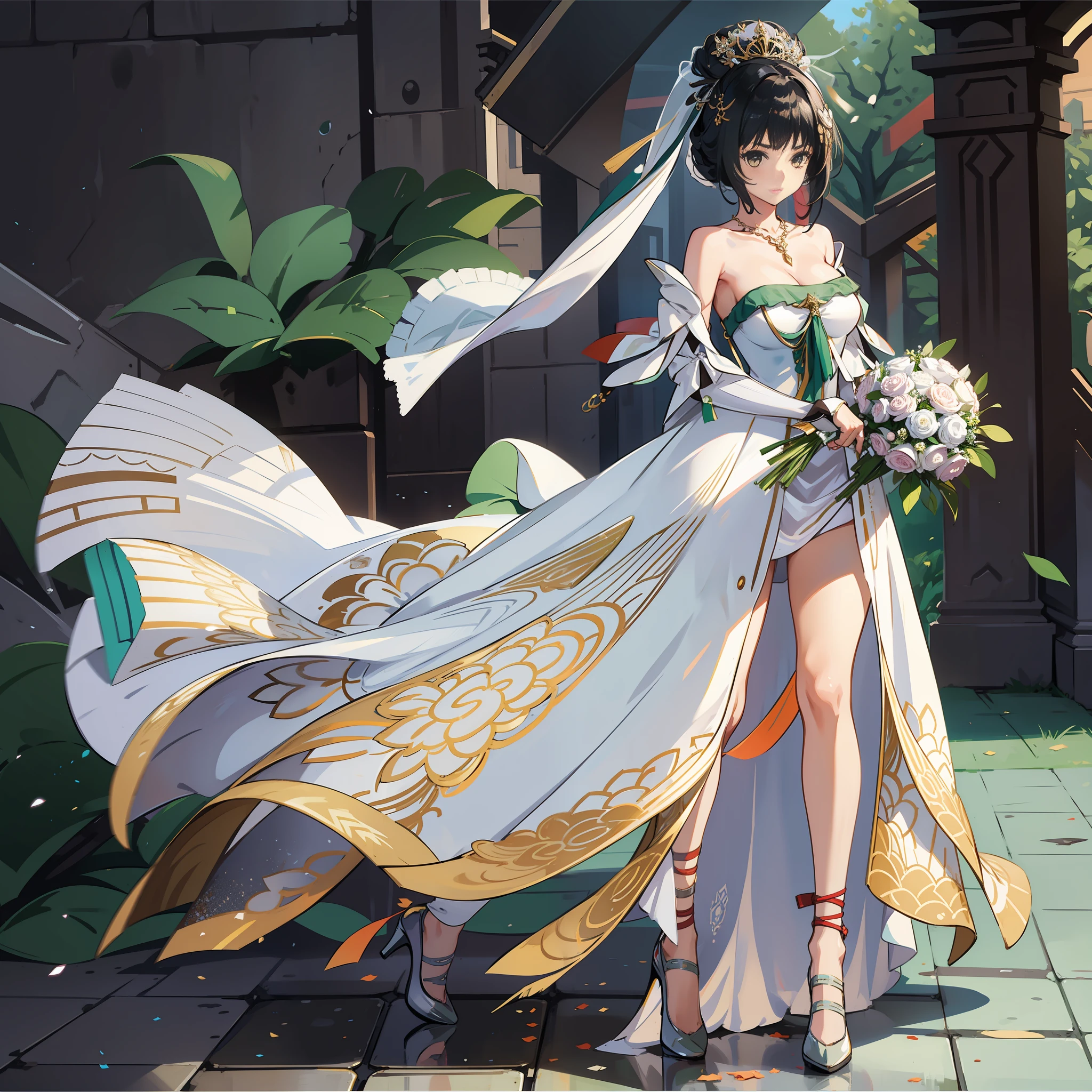 A girl, dressed in a wedding dress, white wedding dress, full body drawing, slim, long legs