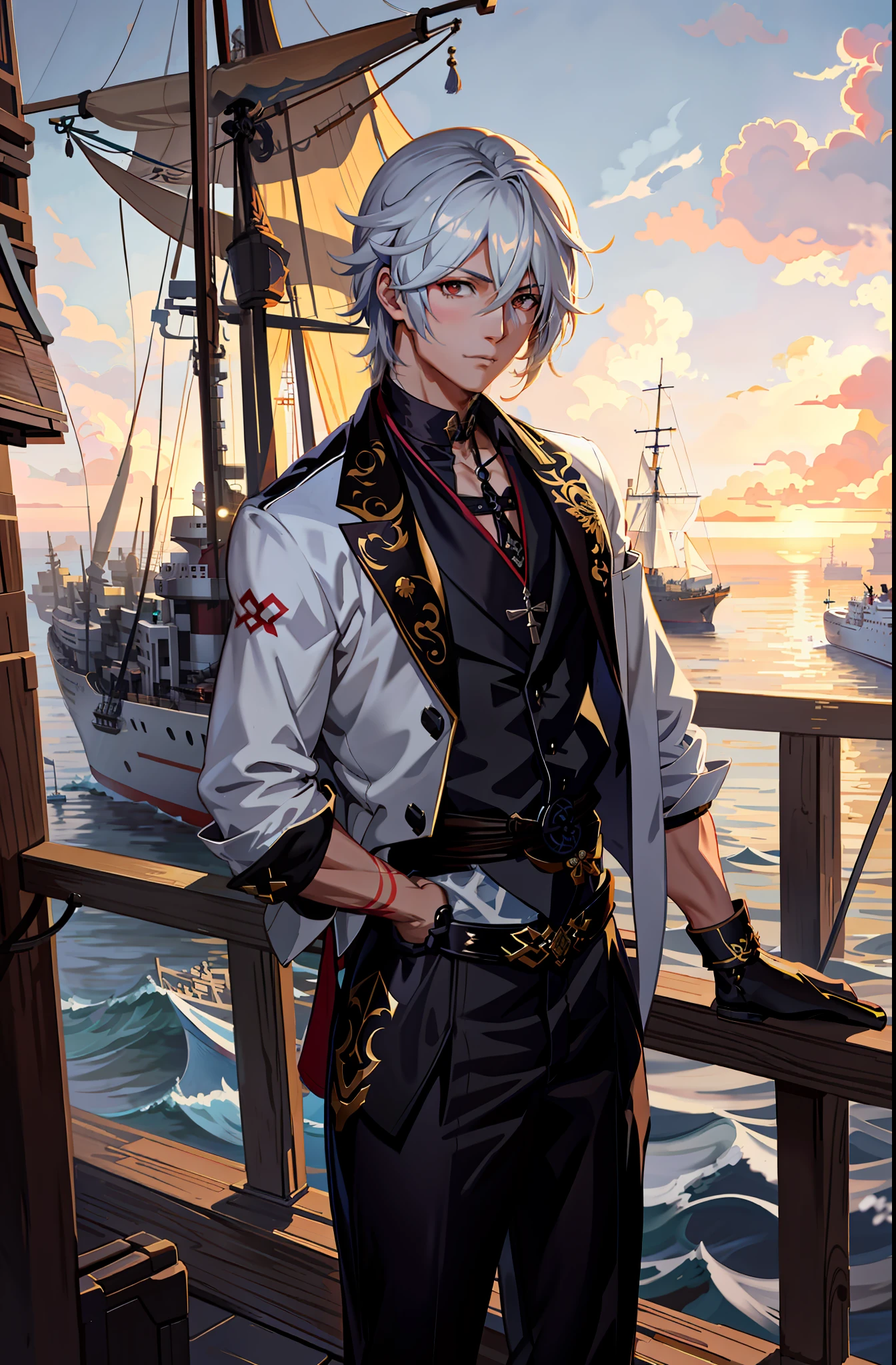 anime - style image of a man standing on a pier with a ship in the background, thancred waters in style of wlop, artwork in the style of guweiz, guweiz on pixiv artstation, guweiz, handsome anime pose, trending on artstation pixiv, highly detailed exquisite fanart, guweiz on artstation pixiv