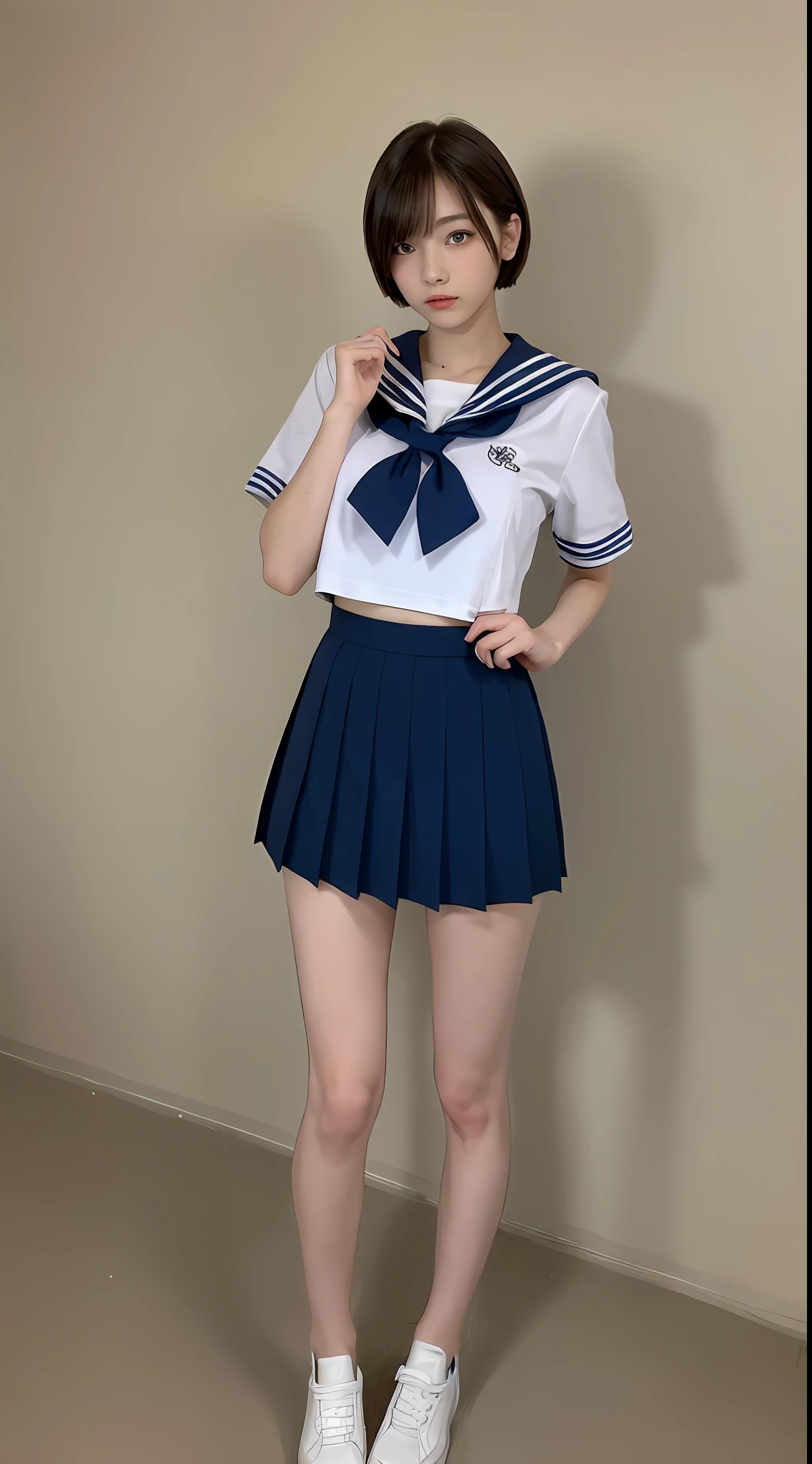 ((Top Quality, 8k, Masterpiece: 1.3)), 1 girl, Beauty with slender abs: 1.3, (Medium Short Hair, Big: 1.2), Sailor Suit: 1.1, Ultra Detailed Face, Detailed Eyes, Double Eyelids, Black Pleated Skirt, Full Body, Navel, Beautiful Legs, Thighs