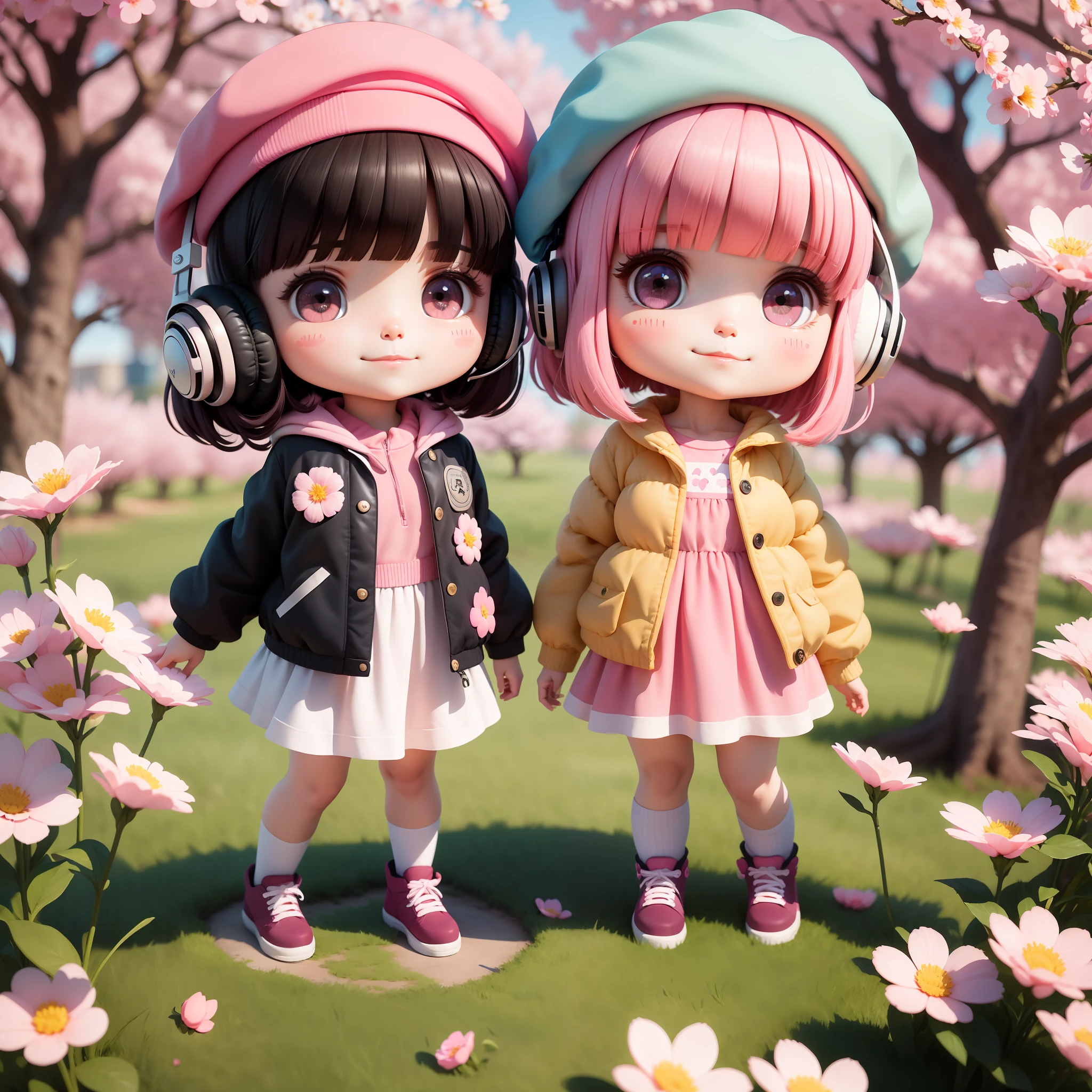 (masterpiece),(best quality),(ultra-detailed), (full body:1.2), 1girl,chibi,cute, smile,flower, outdoors, holding microphone, music, beret, jacket, blush, tree, :3, shirt, short hair, cherry blossoms, pink headwear, blurry, black hair, blush stickers, long sleeves, bangs, headphones, pink flower, (beautiful detailed face), (beautiful detailed eyes),