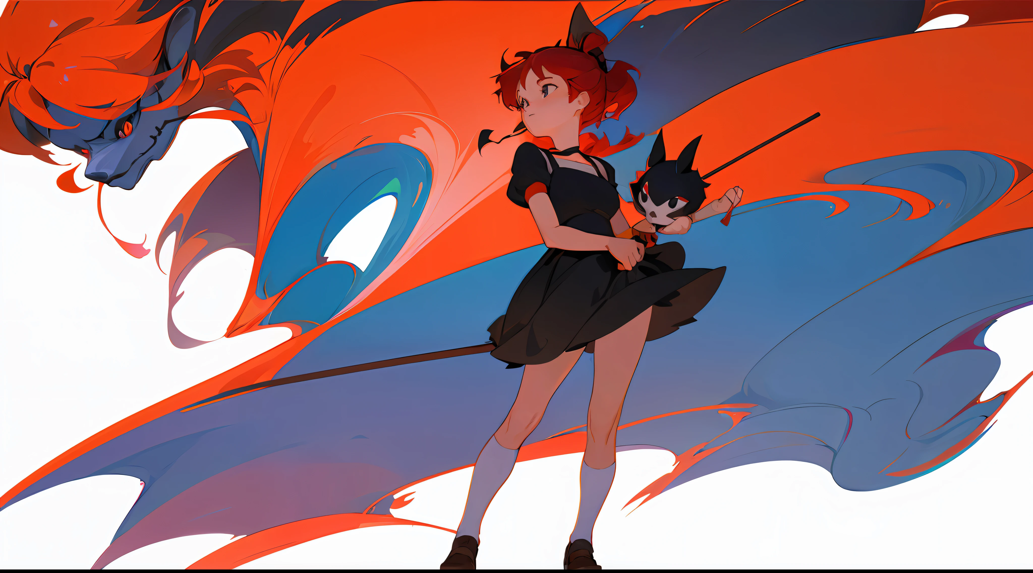 full body girl, Kiki, from kIKI's delivery service, studio ghibli, standing, big red hair tie, flat white background