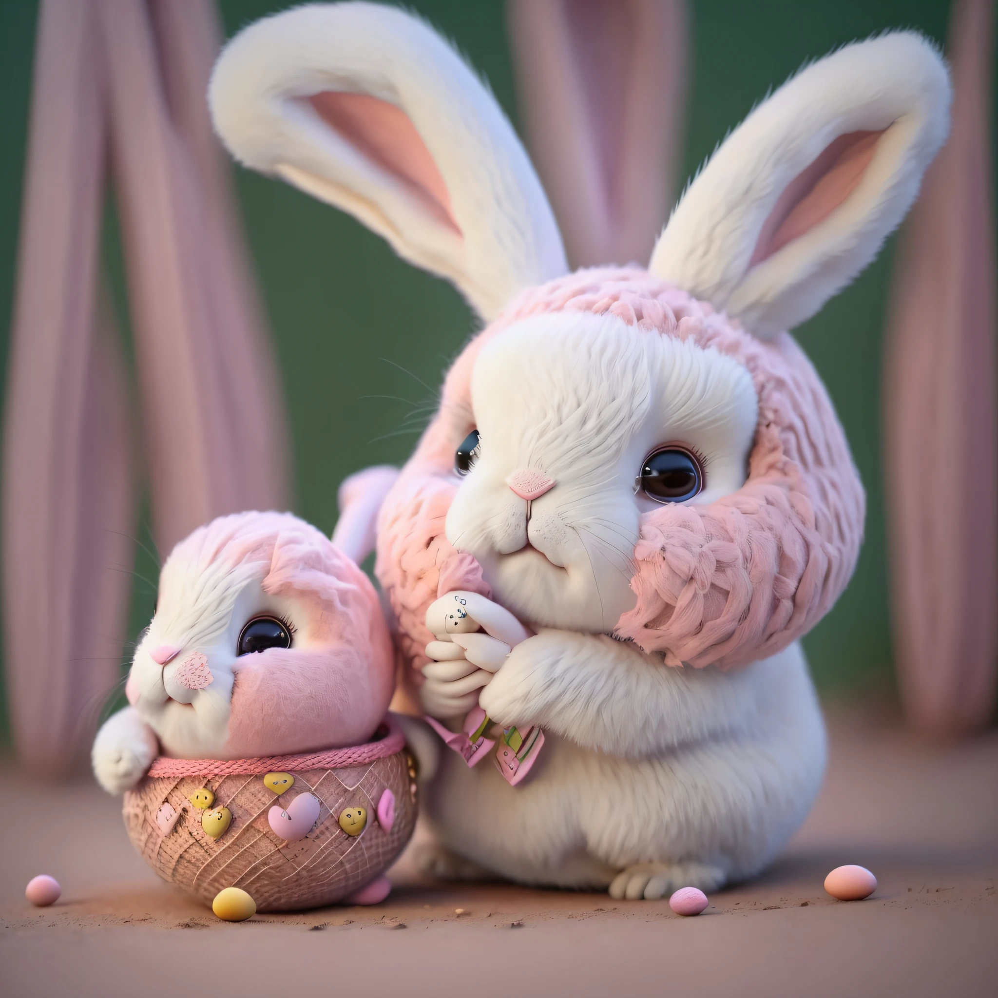 there is a rabbit that is sitting next to a pink egg, easter, cute anthropomorphic bunny, bunny, rabbit_bunny, rabbit, closeup portrait, electrixbunny, the bunny has pink fur, 2023 4k, closeup of an adorable, anthropomorphic rabbit, holding easter eggs, closeup portrait shot, half bunny, animal --auto --s2