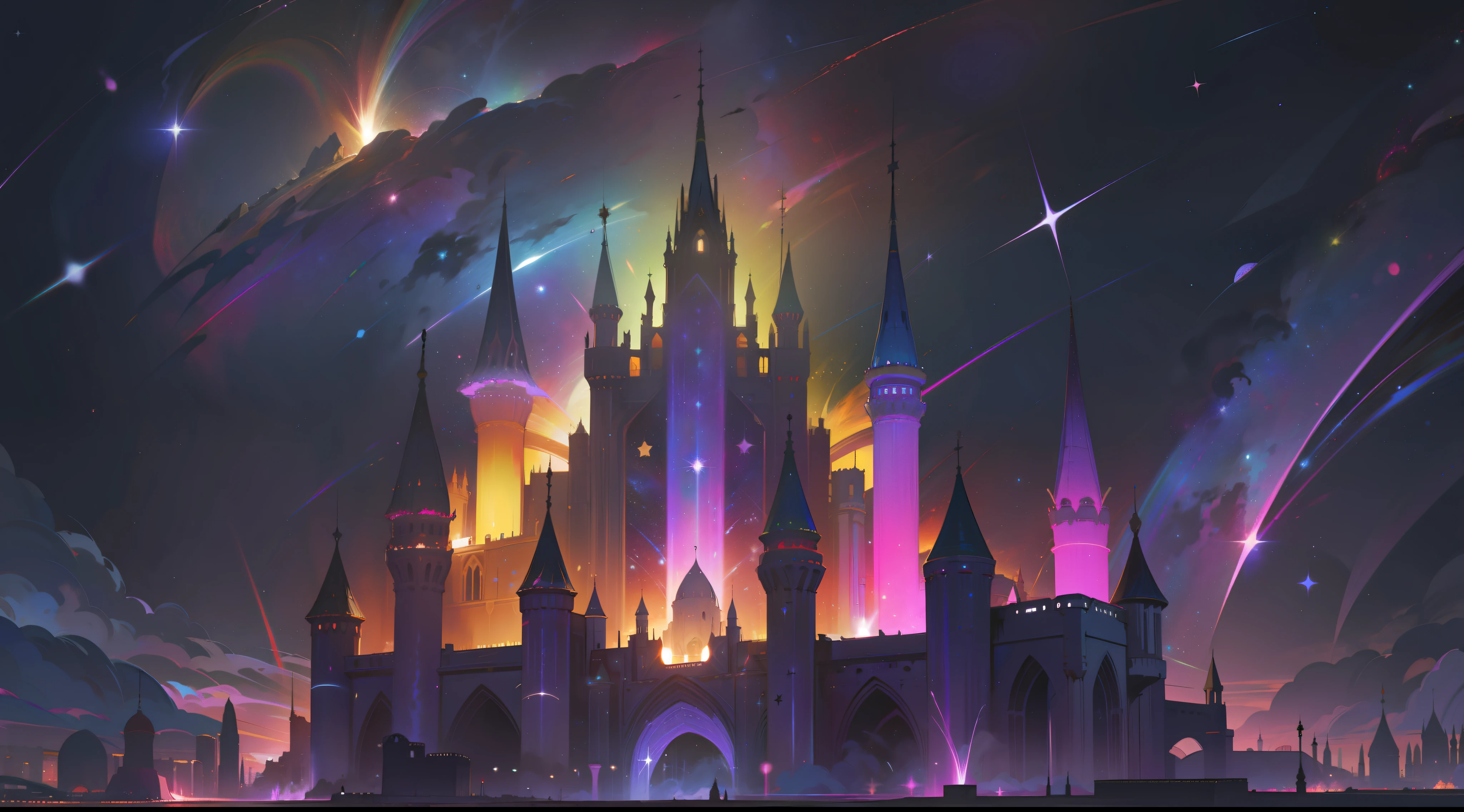 rainbow colored cosmic nebula background, stars, galaxies, castles, fortress, a city in the universe