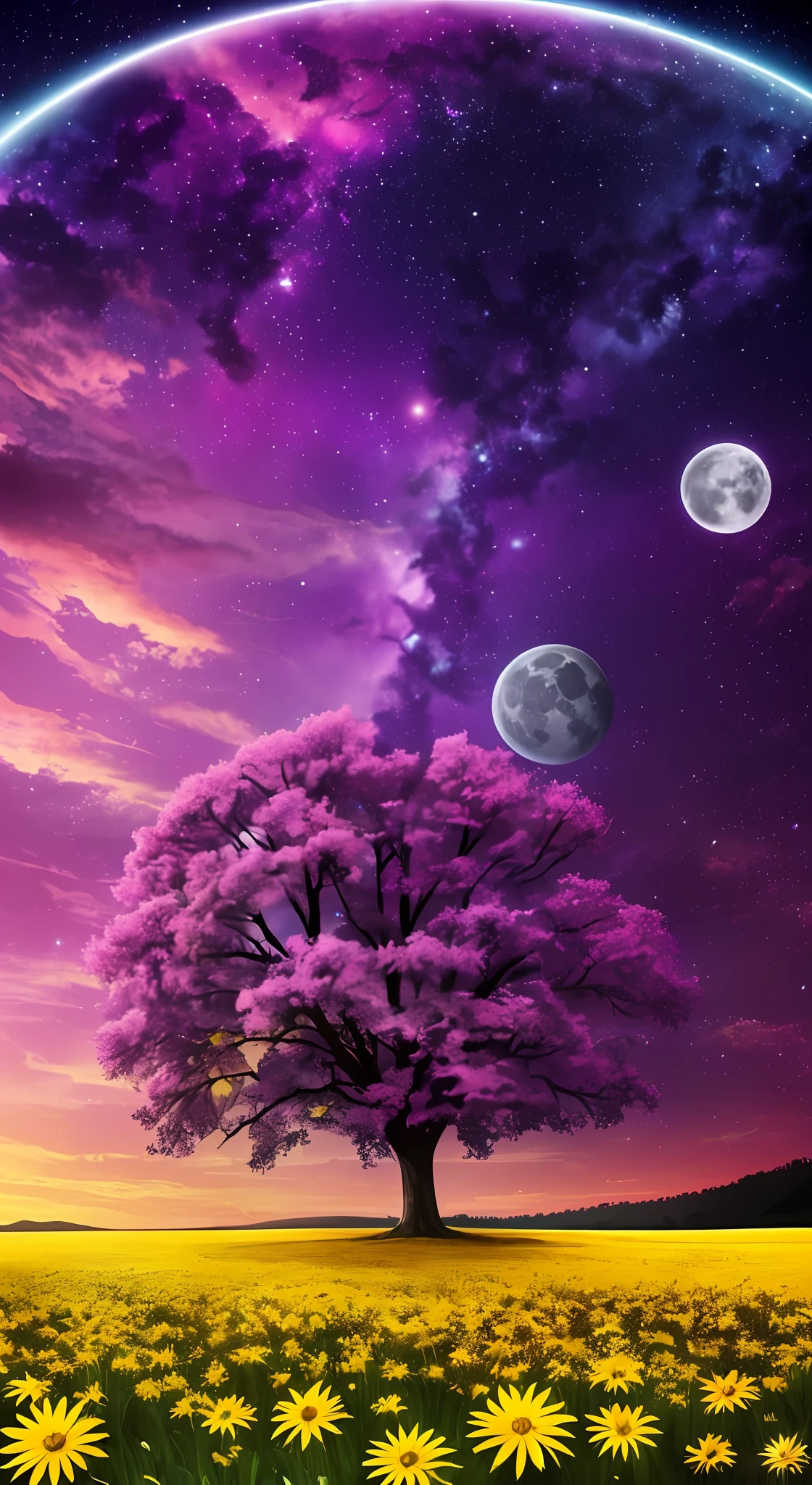 (Absurdres, Cinematic, UHD, higher, ultra detailed, ultra detailed), dark purple sky, nebula in the sky, moon, yellow flower field, city, (big tree on the midle), sunset, ultra detailed city, ultra detailed flower field, ultra detailed tree --auto --s2
