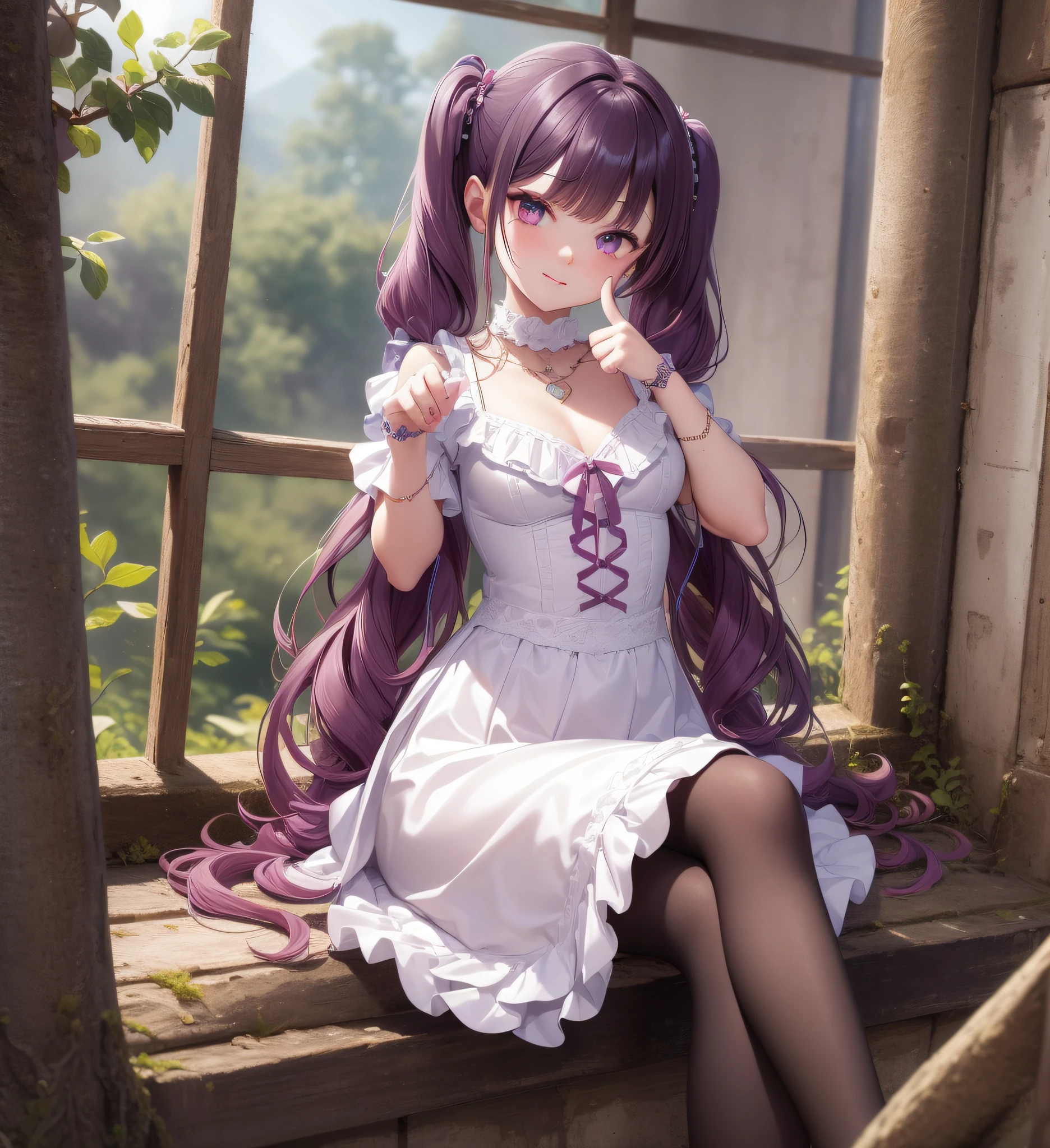 Thumbs up, legs crossed, room, medium hair, (magenta), blunt bangs, (twintails: 1.3), purple eyes, light smile, (full body), loli, (cute face: 1.5), solo, (white dress: 1.3), pantyhose, lace-up heels, necklace, hairpin, (mini girl: 1.3), dynamic angle, floating, frills, painting, depth of field, nature, beautiful and detailed girl, extremely detailed eyes and face, beautiful detail eyes, fine light, cinematic lighting, lens flare, light leakage, sunlight , shine , beautiful detail glow, ridiculous, incredibly ridiculous, huge file size , super detailed, high resolution, extremely detailed, best quality , masterpiece, illustration, extremely refined and beautiful, very detailed , cg ,unity ,8k wallpaper, amazing, fine detail, masterpiece, best quality, official art, extremely detailed CG Unity 8k wallpaper, studio lighting, High saturation, dramatic angle, reflected light, ray tracing, depth of field, outdoors, (14 years old: 1.3)