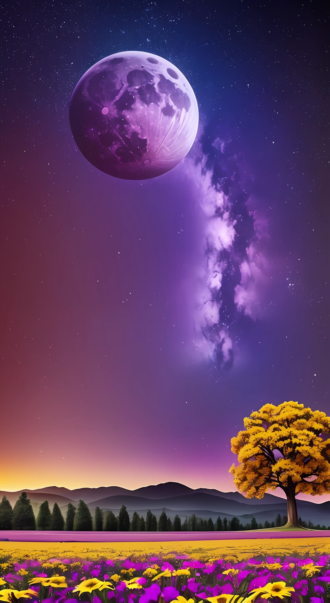 (Absurdres, Cinematic, UHD, higher, ultra detailed, ultra detailed), dark purple sky, nebula in the sky, moon, yellow flower field, city, (big tree on the midle), sunset, ultra detailed city, ultra detailed flower field, ultra detailed tree --auto --s2