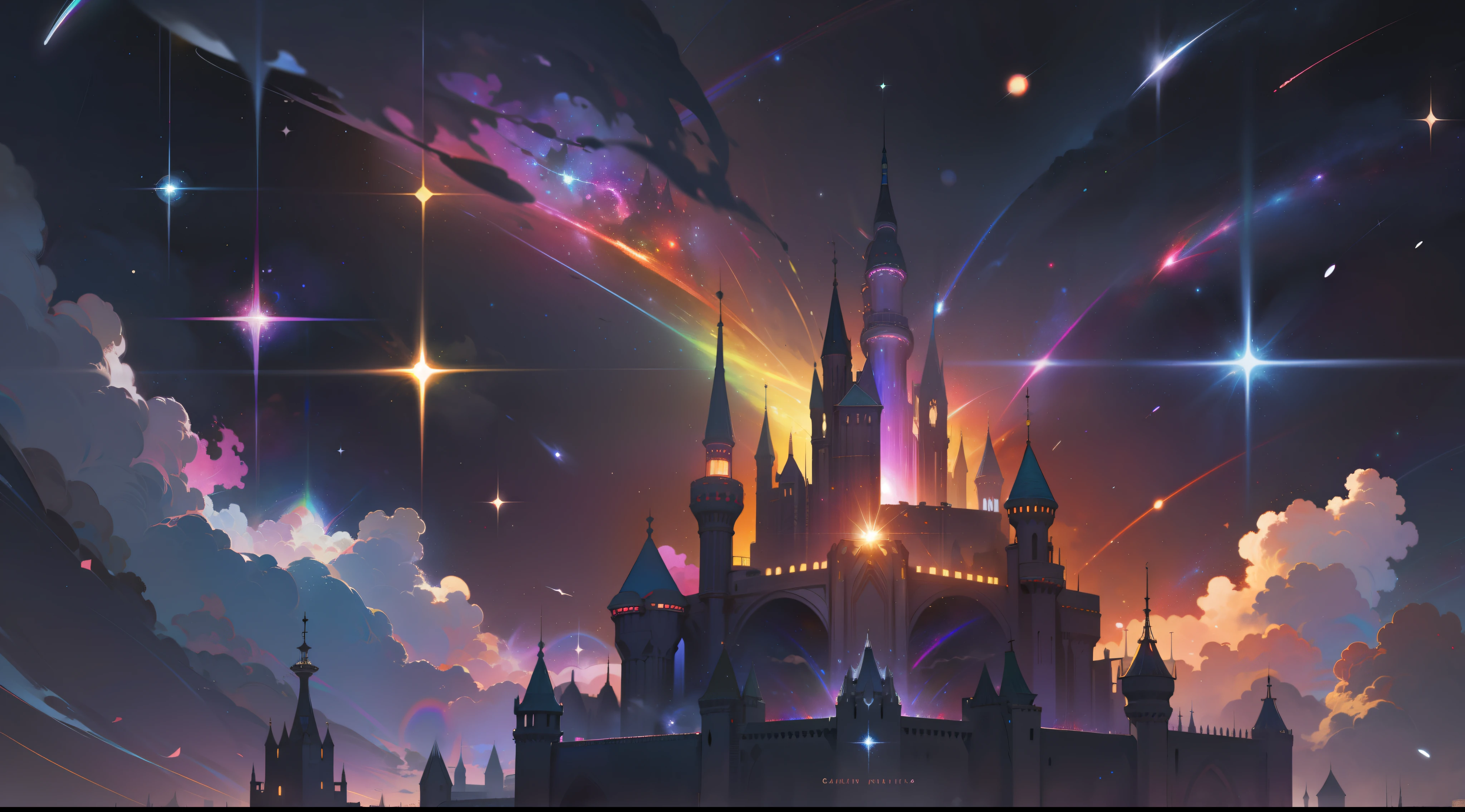 rainbow colored cosmic nebula background, stars, galaxies, castles, fortress, a city in the universe