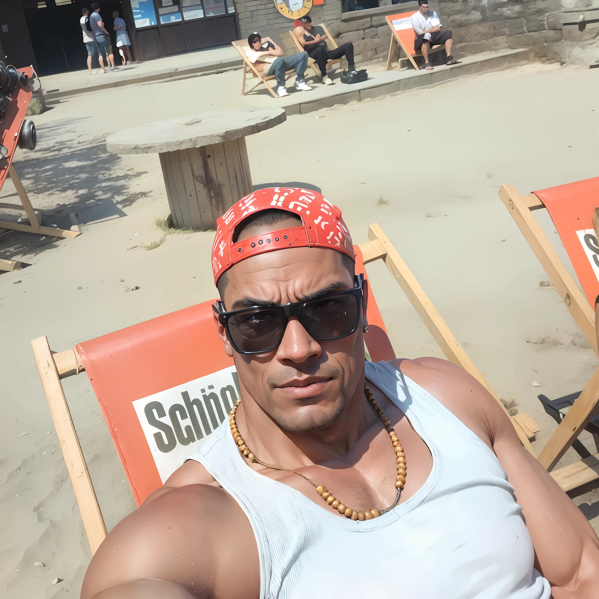 a man in a wasteland, big muscle, big bulge, glasses, buzz cut, steampunk style, steampunk art, complex mechanical devices such as gears, pipes, valves, (huge industrial architecture: 1.4), gray theme, retrofuturism, crazy details, (Fujiflim XT3), 20 megapixels, detailed, film grain, colocar essa foto na imagen