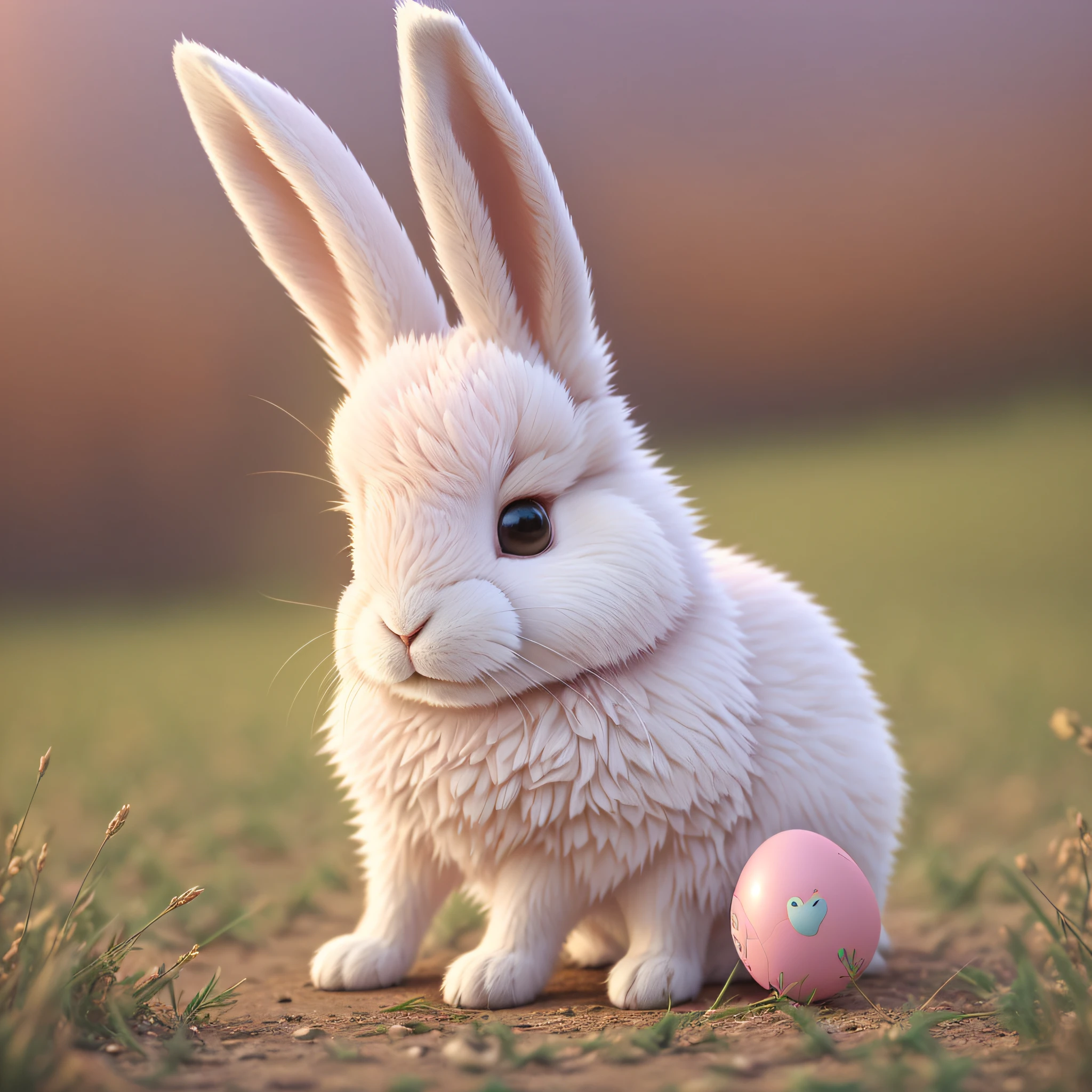 there is a rabbit sitting in a field with a pink egg, easter, bunny, rabbit_bunny, cute anthropomorphic bunny, rabbit, the bunny has pink fur, electrixbunny, 2 d cg, closeup portrait, photo realistic style, anthropomorphic rabbit, the rabbit has pink fur, photorealistic style, 2023 4k --auto --s2