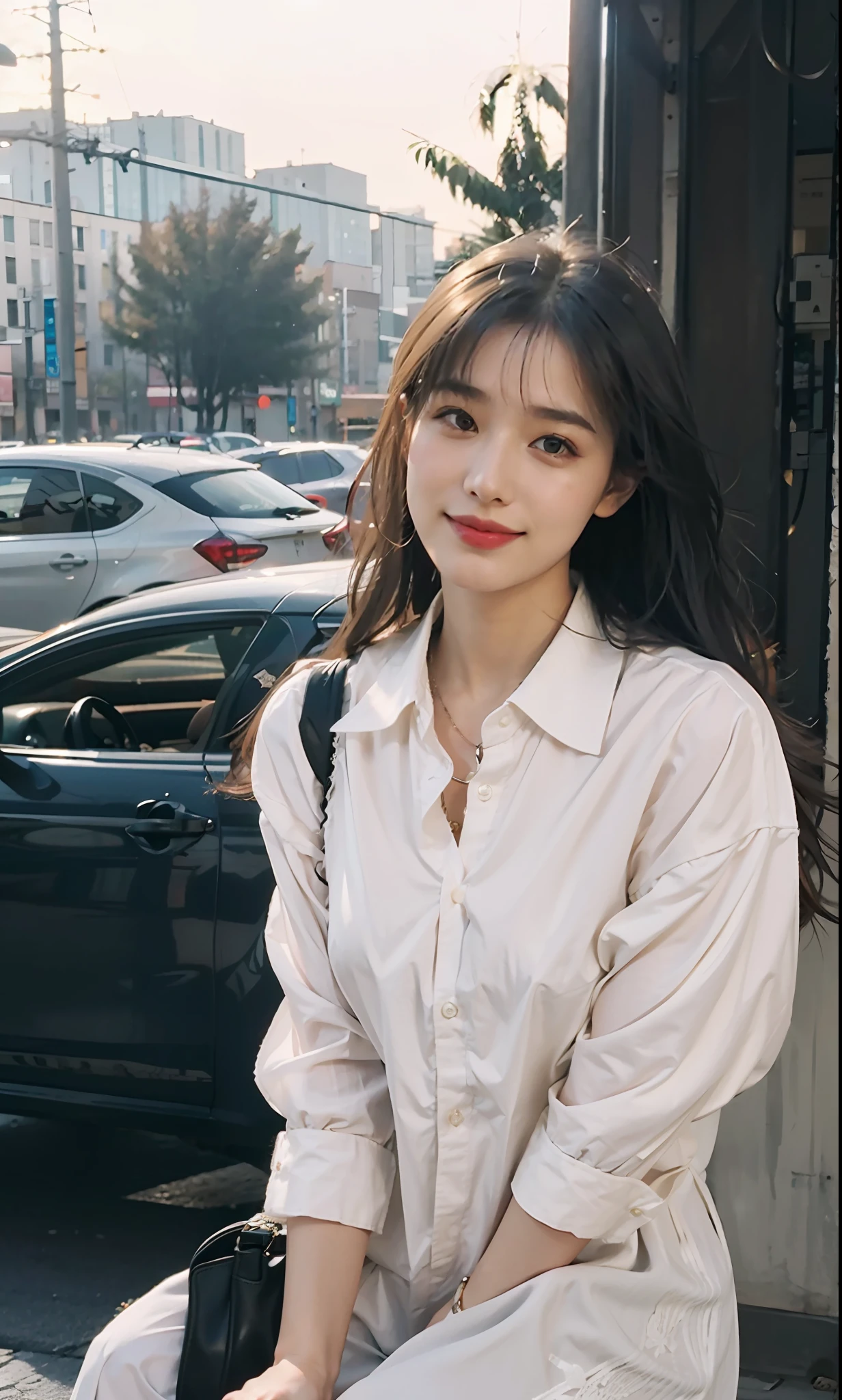 NSFW, (8k, best quality, master:1.2), (realistic, photo-realistic:1.37), super detailed, 1 girl, looking at the audience, cute, beautiful detailed sky, detailed café, sitting at the table for afternoon tea, full body, (smile: 1.15), shut up, (((large breast)), burst shirt buttons, beautiful delicate eyes, (collared shirt: 1.1), Daytime, Sunshine, White Lace, (Long Hair:1.4), Shoulder-length Hair, Silver Hair, Uniform, White Skin, Movie Light, Street Light, (Sexiest Actress: 1.4), Full Body Photo, (Coffee Table:1), (Handbag: 1), Ulzzang-6500-V1.1:0.3, Karinak-4501-6300:1.2