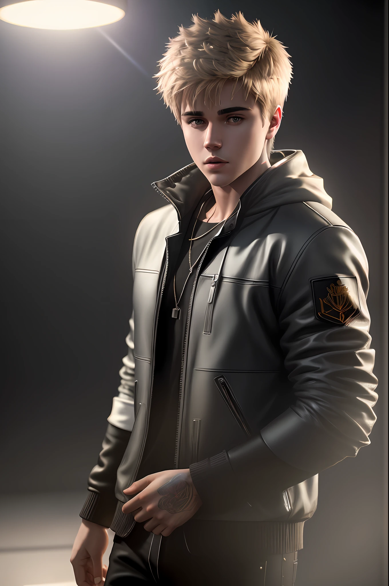 A man named Justin Bieber. Realistic, 4k, ultra detailed, epic, cinematic lighting, photography, film style, natural light, natural blur, photorealism, cinematic rendering, ray tracing, highest quality, highest detail, cinematic, blur effect, long exposure, 4K, moody lighting,