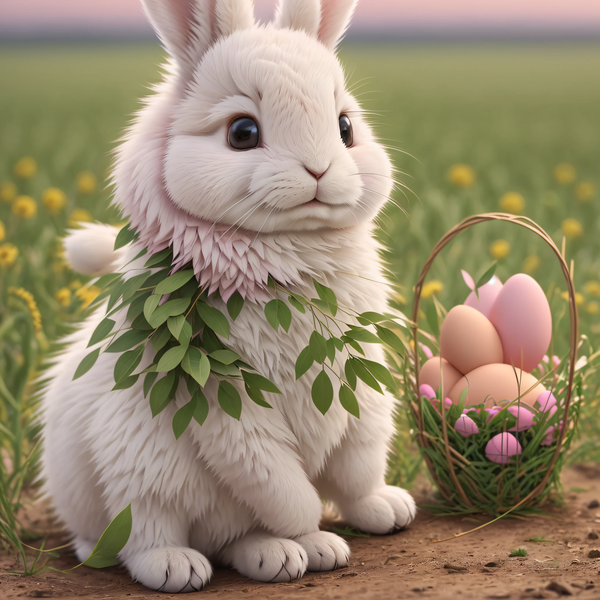 there is a rabbit sitting in a field with a pink egg, easter, bunny, rabbit_bunny, cute anthropomorphic bunny, rabbit, the bunny has pink fur, electrixbunny, 2 d cg, closeup portrait, photo realistic style, anthropomorphic rabbit, the rabbit has pink fur, photorealistic style, 2023 4k --auto --s2