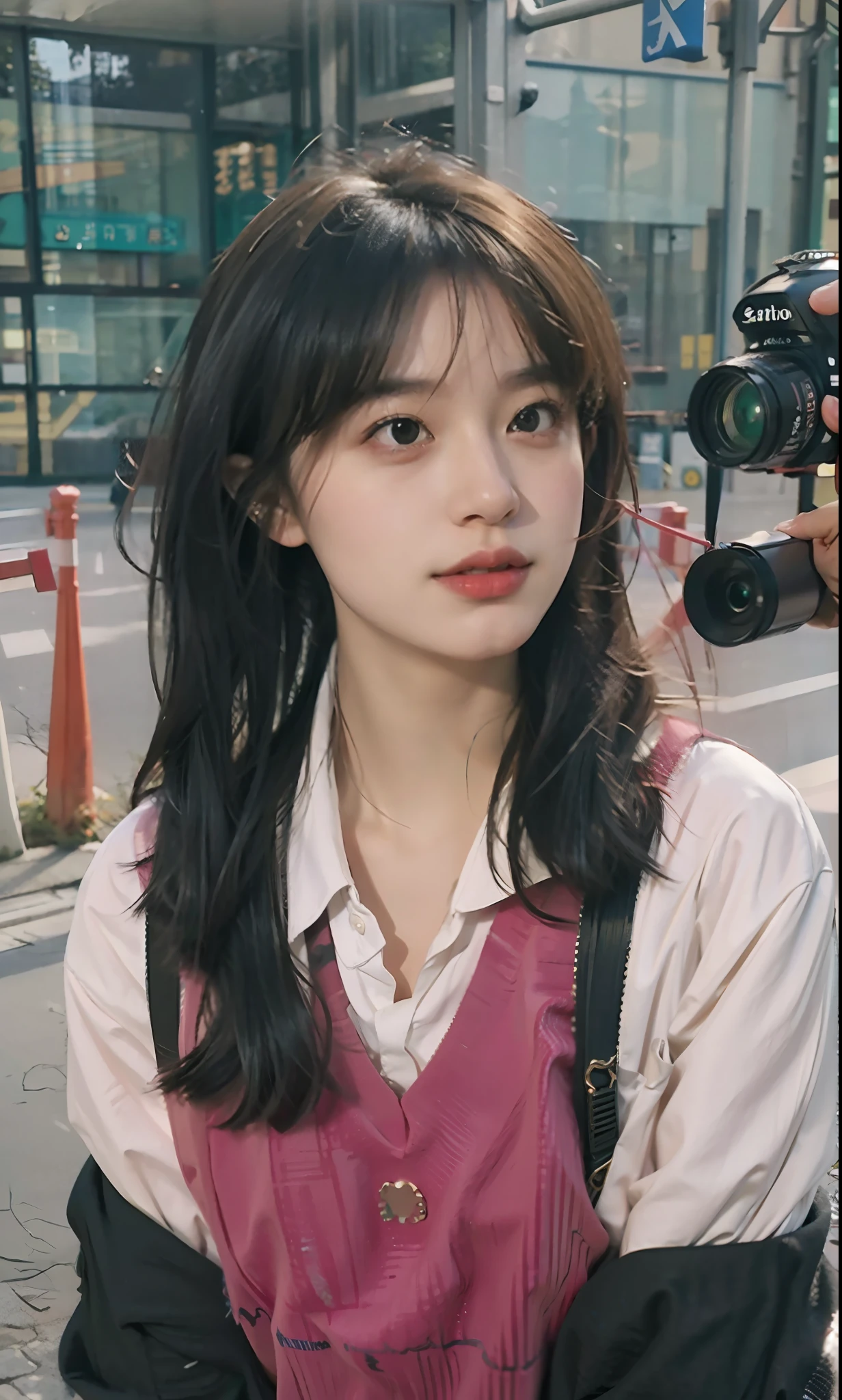 8k resolution), (RAW photo), (best quality), (masterpiece:1.5), (photorealistic:1.5), (photorealistic)), vibrant detail, ultra-realistic, (cute: 1.2)((school uniform)), (jk)))), road, intersection, big breast, close up