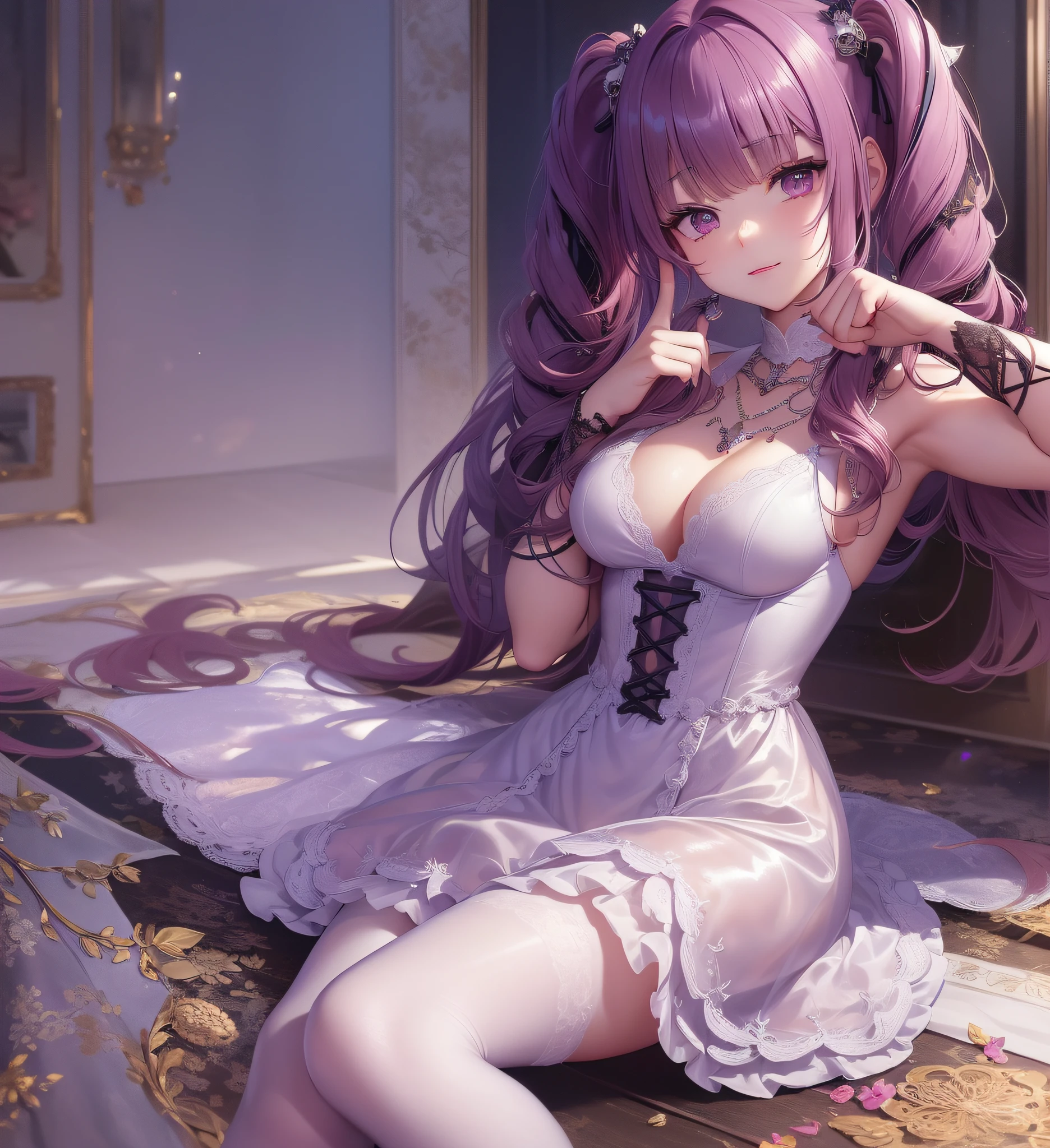 Thumbs up, legs crossed, room, medium hair, (magenta), blunt bangs, (twintails: 1.3), purple eyes, light smile, (full body), loli, (cute face: 1.5), solo, (white dress: 1.3), pantyhose, lace-up heels, necklace, hairpin, (mini girl: 1.3), dynamic angle, floating, frills, painting, depth of field, nature, beautiful and detailed girl, extremely detailed eyes and face, beautiful detail eyes, fine light, cinematic lighting, lens flare, light leakage, sunlight , shine , beautiful detail glow, ridiculous, incredibly ridiculous, huge file size , super detailed, high resolution, extremely detailed, best quality , masterpiece, illustration, extremely refined and beautiful, very detailed , cg ,unity ,8k wallpaper, amazing, fine detail, masterpiece, best quality, official art, extremely detailed CG Unity 8k wallpaper, studio lighting, High saturation, dramatic angle, reflected light, ray tracing, depth of field, outdoors, (14 years old: 1.3)